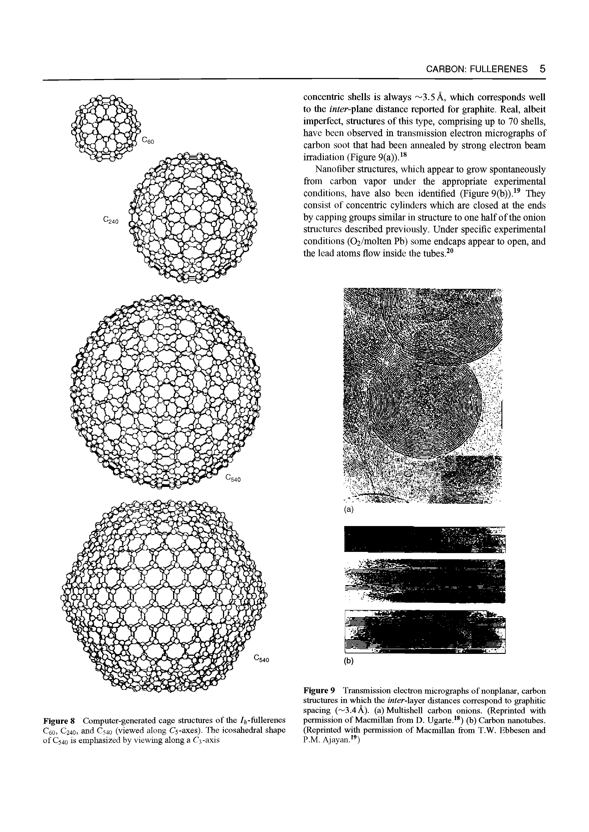 Figure 9 Transmission electron micrographs of nonplanar, carhon structures in which the inter-layer distances correspond to graphitic spacing ( 3.4A). (a) MultisheU carbon onions. (Reprinted with permission of MacmiUan from D. Ugarte. ) (h) Carhon nanotuhes. (Reprinted with permission of Macmillan from T.W. Ehhesen and P.M. Ajayan. )...
