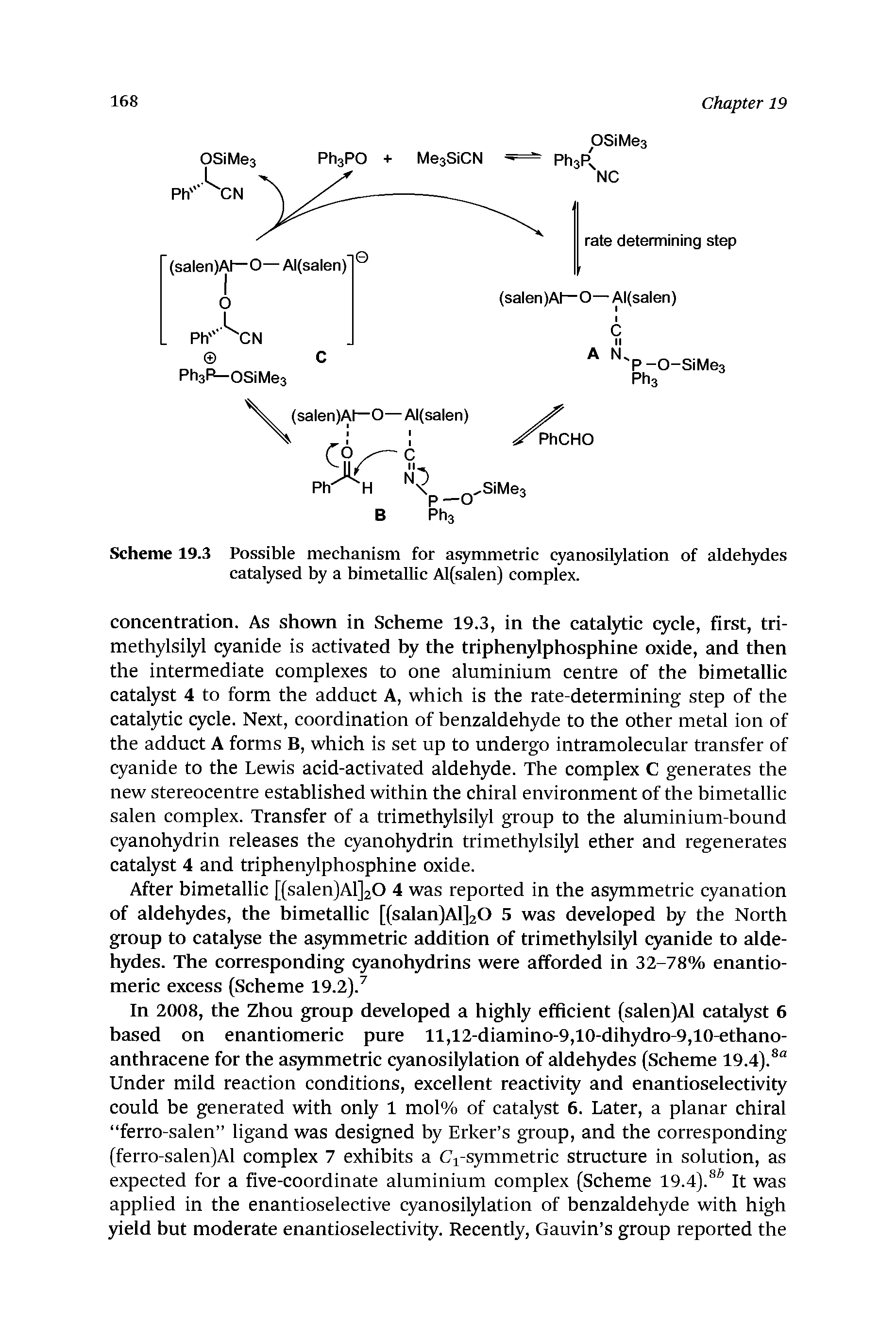 Scheme 19.3 Possible mechanism for asymmetric cyanosilylation of aldehydes catalysed by a bimetallic Al(salen) complex.