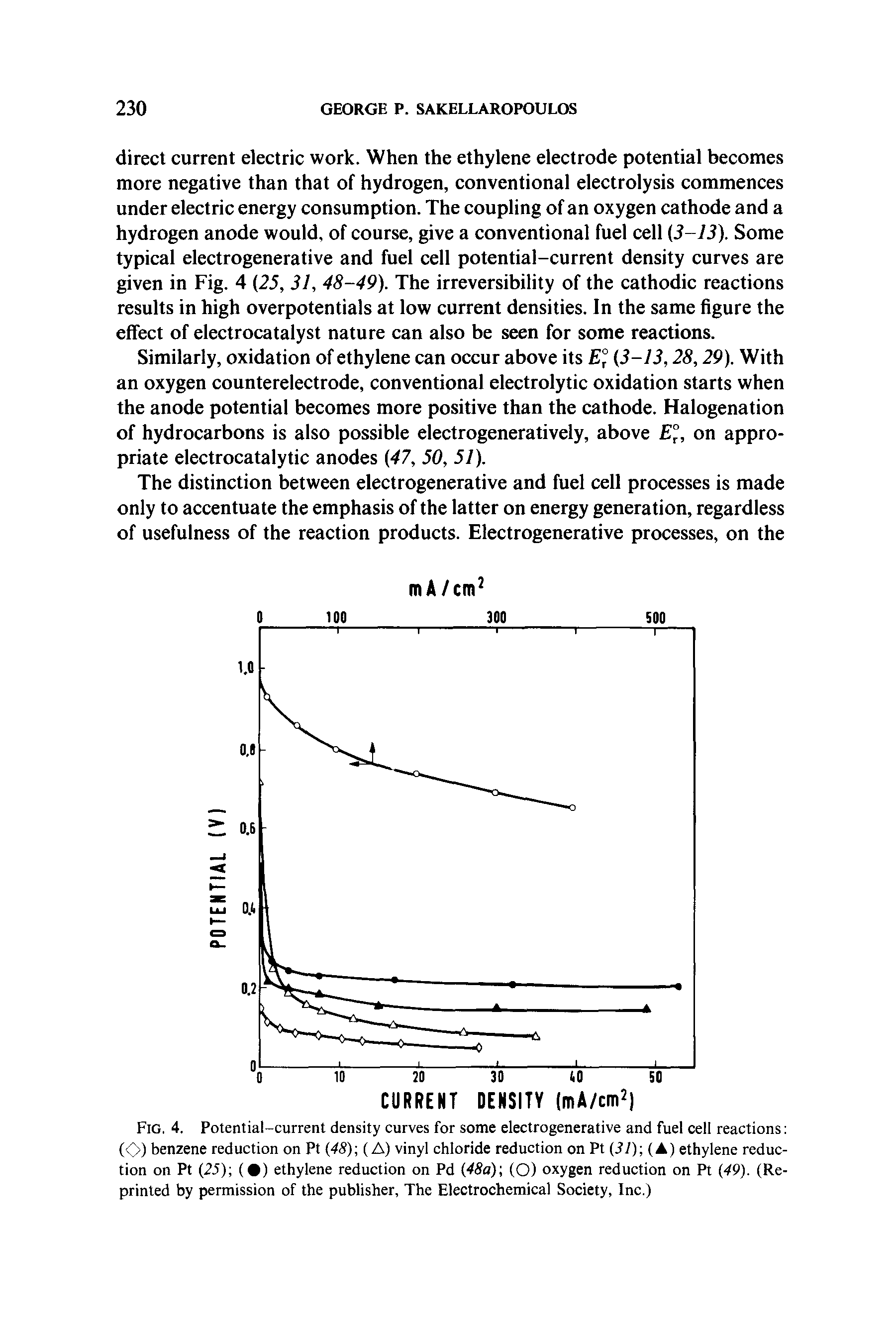 Fig. 4. Potential-current density curves for some electrogenerative and fuel cell reactions (O) benzene reduction on Pt (4S) (A) vinyl chloride reduction on Pt (31) (A) ethylene reduction on Pt (25) ( ) ethylene reduction on Pd (48a) (O) oxygen reduction on Pt (49). (Reprinted by permission of the publisher, The Electrochemical Society, Inc.)...