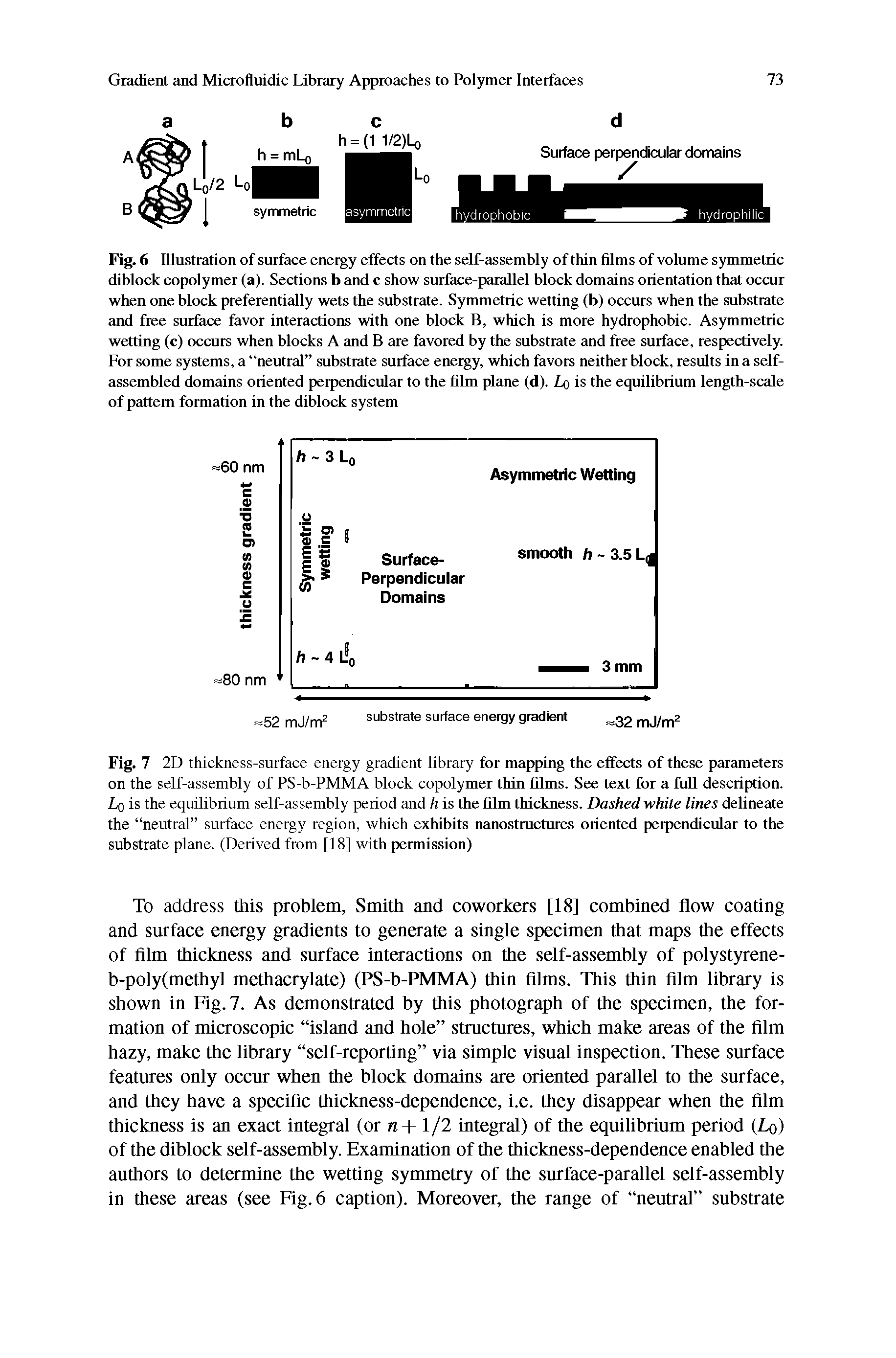 Fig. 6 Illustration of surface energy effects on the self-assembly of thin films of volume symmetric diblock copolymer (a). Sections b and c show surface-parallel block domains orientation that occur when one block preferentially wets the substrate. Symmetric wetting (b) occurs when the substrate and free surface favor interactions with one block B, which is more hydrophobic. Asymmetric wetting (c) occurs when blocks A and B are favored by the substrate and free surface, respectively. For some systems, a neutral substrate surface energy, which favors neither block, results in a self-assembled domains oriented perpendicular to the film plane (d). Lo is the equilibrium length-scale of pattern formation in the diblock system...