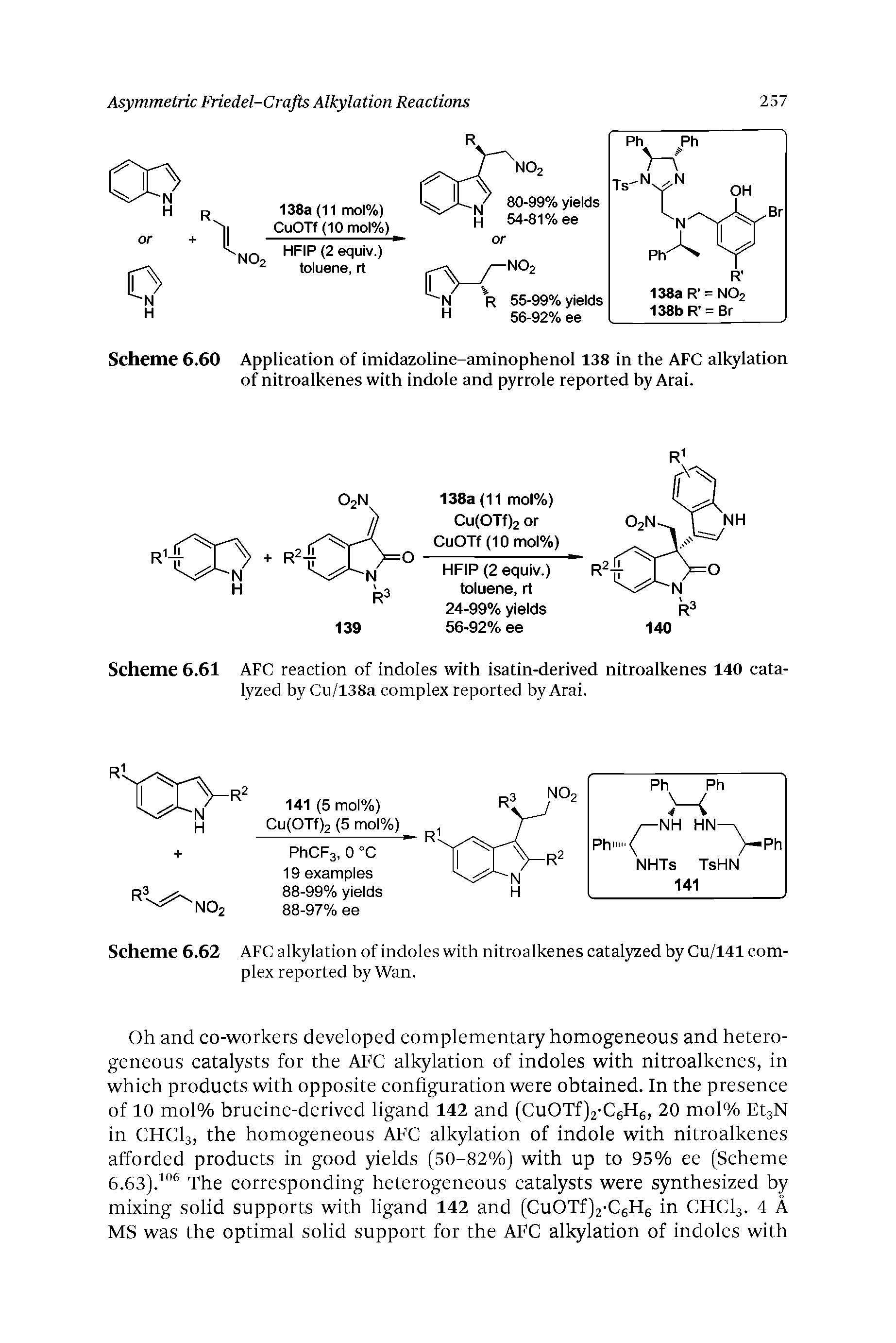 Scheme 6.61 AFC reaction of indoles with isatin-derived nitroalkenes 140 catalyzed by Cu/138a complex reported by Aral.