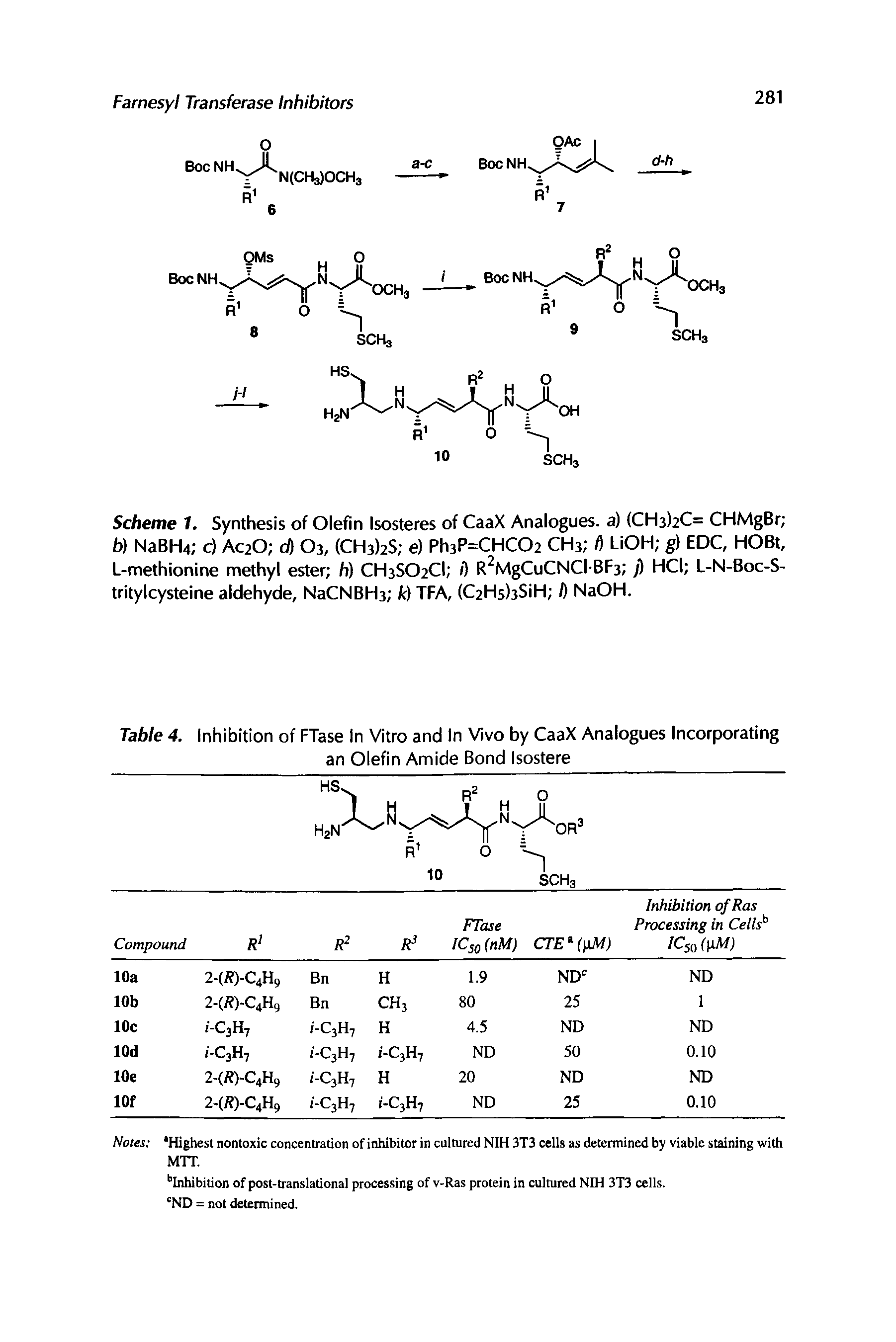 Scheme T. Synthesis of Olefin Isosteres of CaaX Analogues, a) (CH3)2C= CHMgBr b) NaBH4 c) Ac20 d) O3, (CH3)2S e) Ph3P=CHC02 CH3 fl LiOH g) EDC, HOBt, L-methionine methyl ester h) CH3S02Cl /) R2MgCuCNCI-BF3 j) HCI L-N-Boc-S-tritylcysteine aldehyde, NaCNBH3 k) TFA, (QHshSiH I) NaOH.