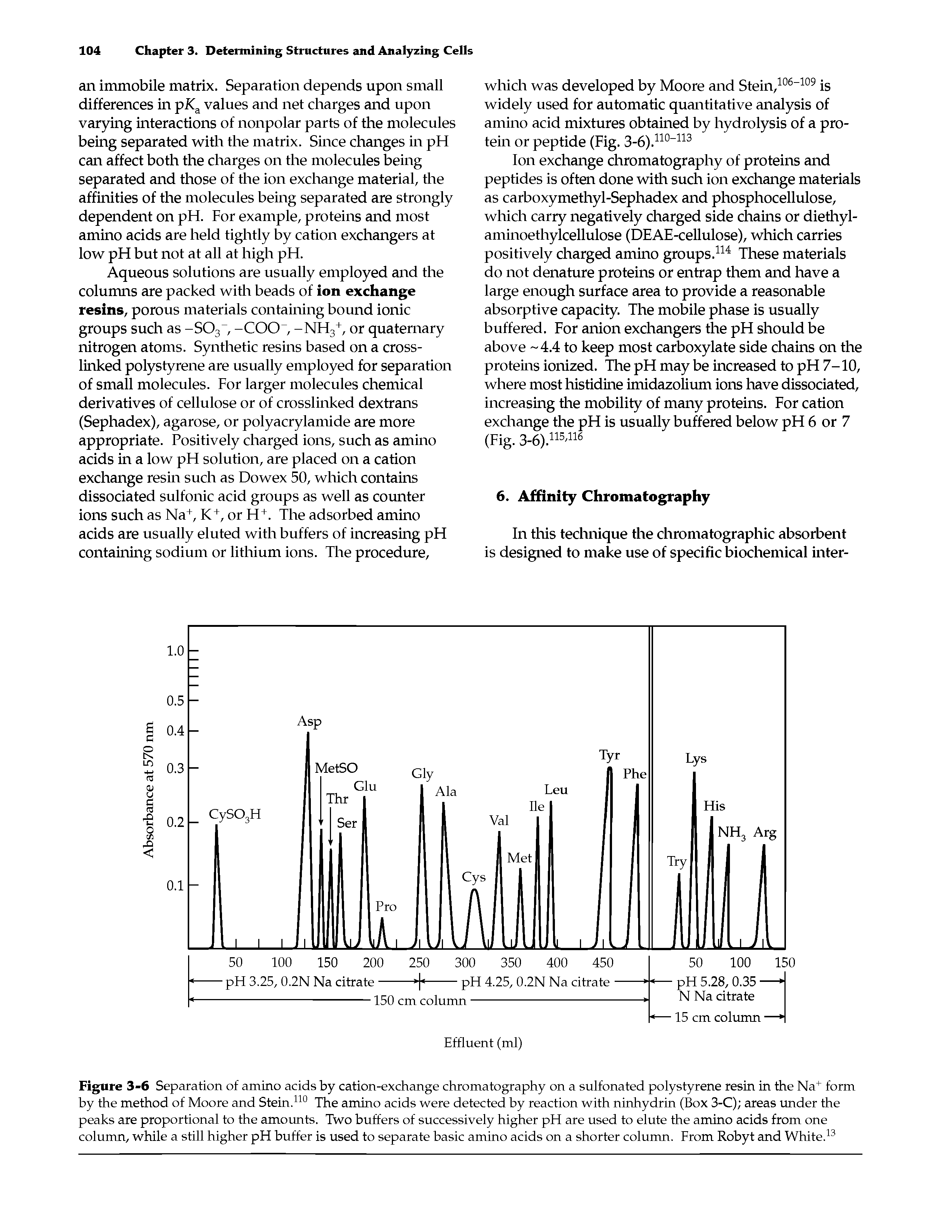 Figure 3-6 Separation of amino acids by cation-exchange chromatography on a sulfonated polystyrene resin in the Na+ form by the method of Moore and Stein.110 The amino acids were detected by reaction with ninhydrin (Box 3-C) areas under the peaks are proportional to the amounts. Two buffers of successively higher pH are used to elute the amino acids from one column, while a still higher pH buffer is used to separate basic amino acids on a shorter column. From Robyt and White.13...