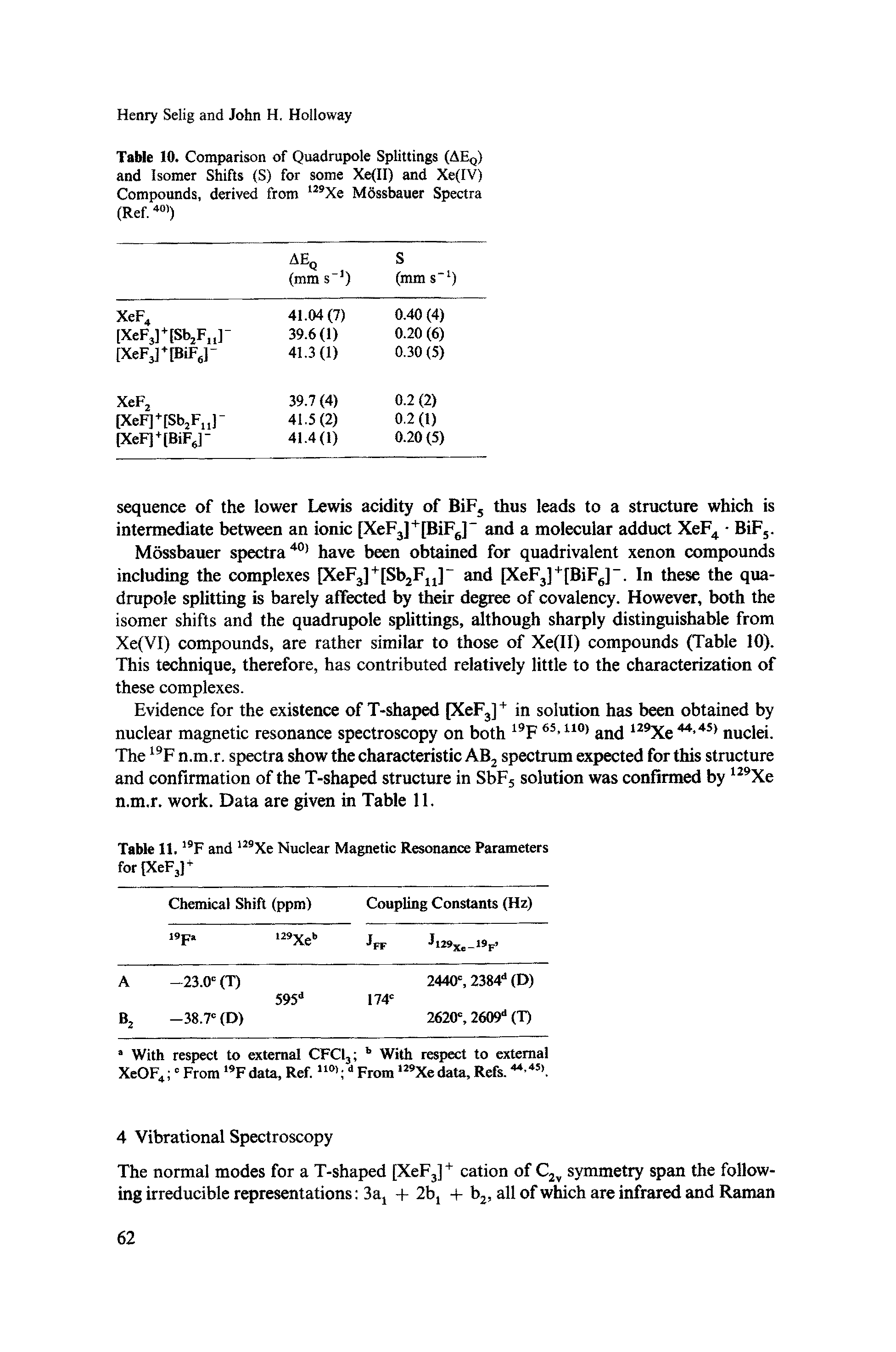 Table 10. Comparison of Quadrupole Splittings (AEQ) and Isomer Shifts (S) for some Xe(II) and Xe(IV) Compounds, derived from 129Xe Mdssbauer Spectra (Ref.40 )...