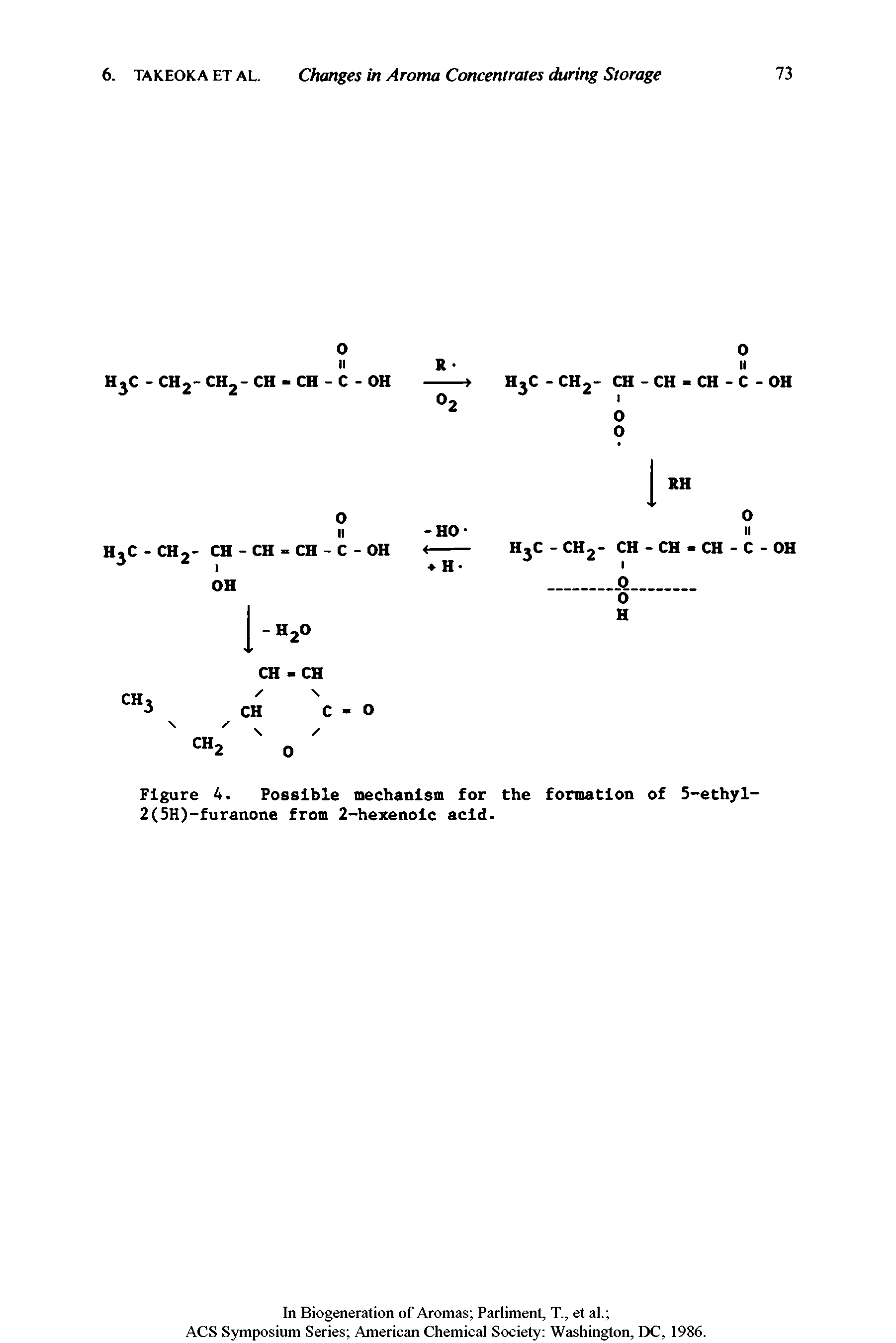 Figure 4. Possible mechanism for the formation of 5-ethyl-2(5H)-furanone from 2-hexenoic acid.