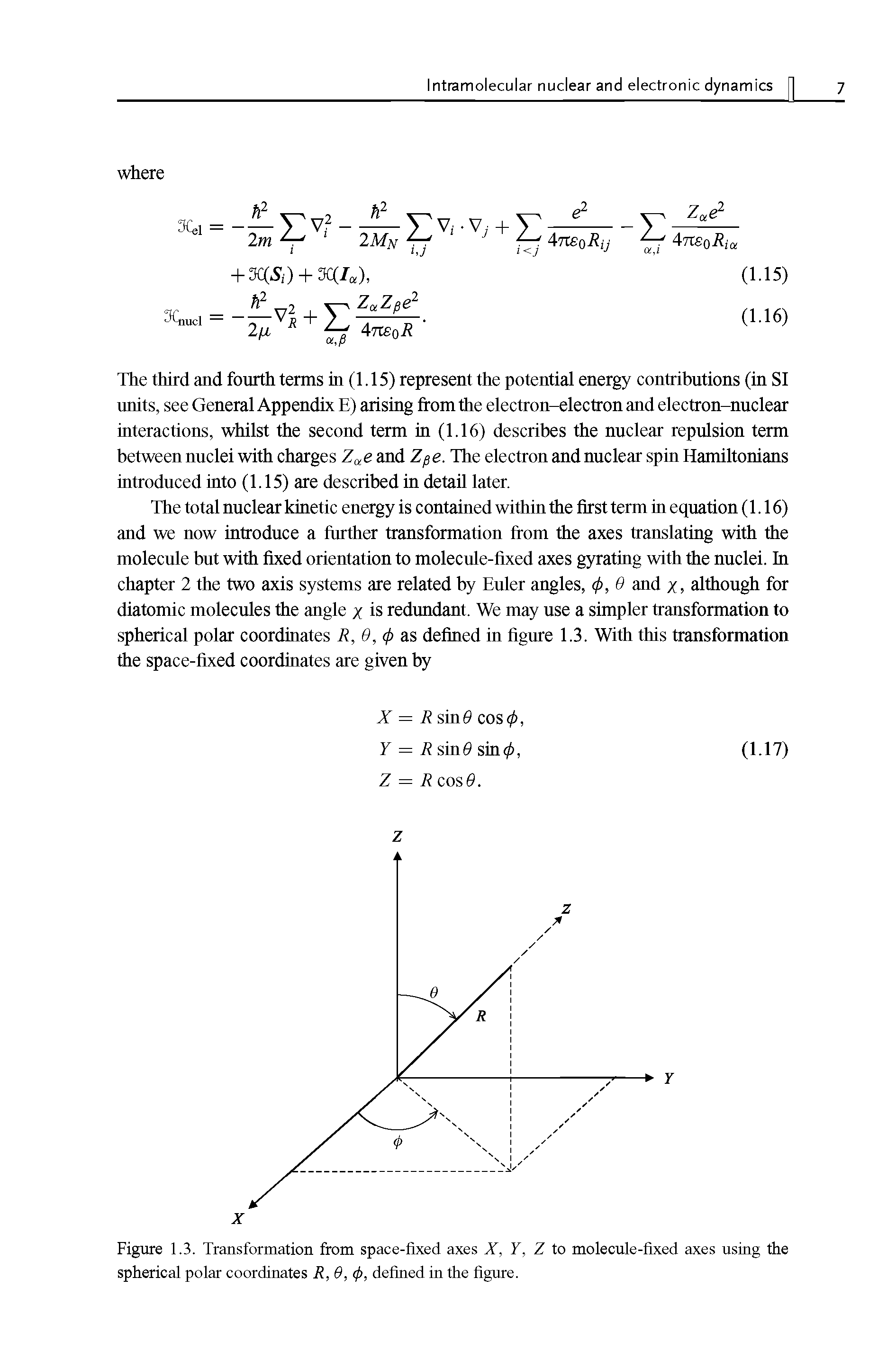 Figure 1.3. Transformation from space-fixed axes X, Y, Z to molecule-fixed axes using the spherical polar coordinates R,Q,<fi, defined in the figure.