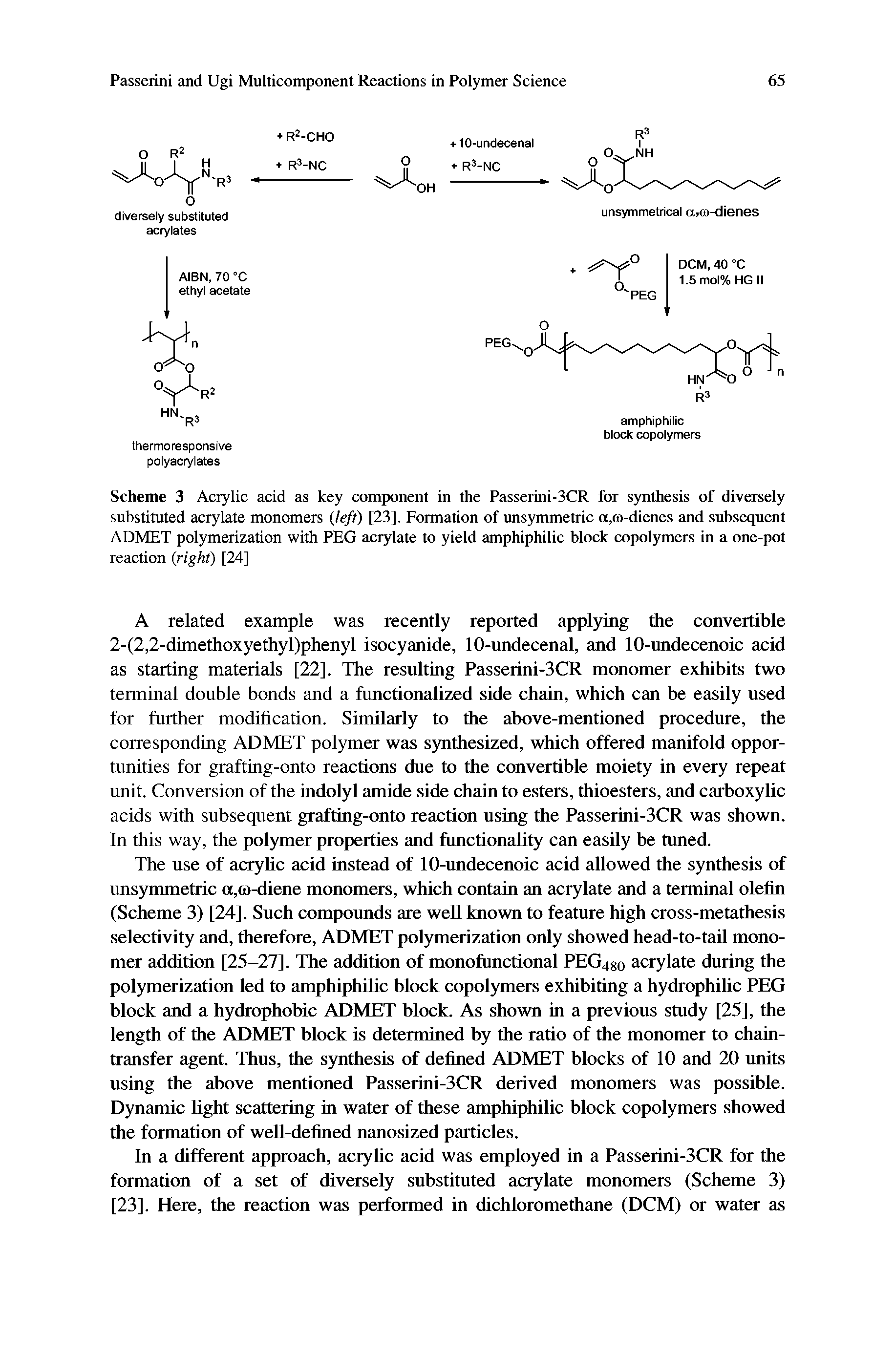 Scheme 3 Acrylic acid as key component in the Passerini-3CR for synthesis of diversely substituted acrylate monomers left) [23]. Formation of unsymmetric a,o)-dienes and subsequent ADMET polymerization with PEG acrylate to yield amphiphilic block copolymers in a one-pot reaction right) [24]...