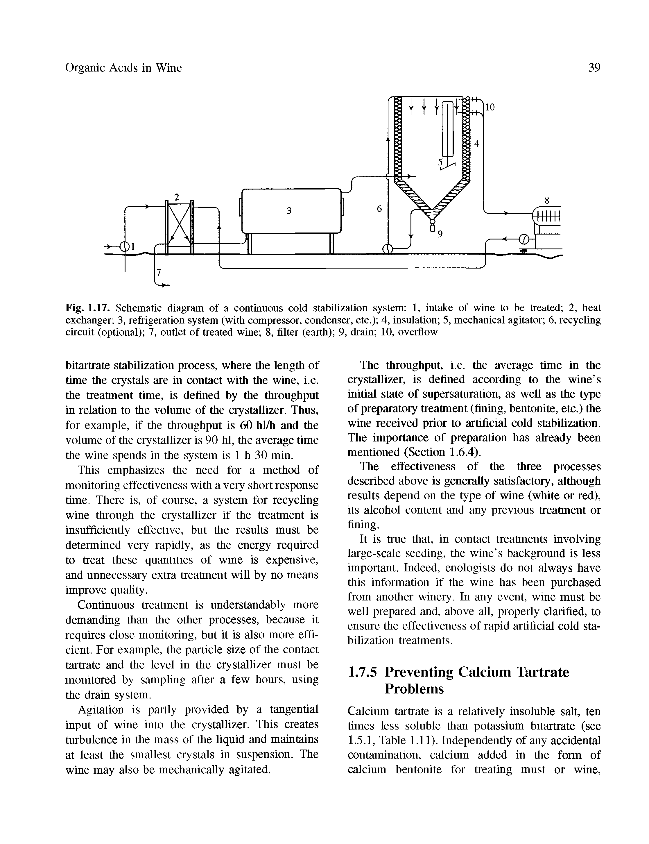 Fig. 1.17. Schematic diagram of a continuous cold stabilization system 1, intake of wine to be treated 2, heat exchanger 3, refrigeration system (with compressor, condenser, etc.) 4, insulation 5, mechanical agitator 6, recycling circuit (optional) 7, outlet of treated wine 8, filter (earth) 9, drain 10, overflow...