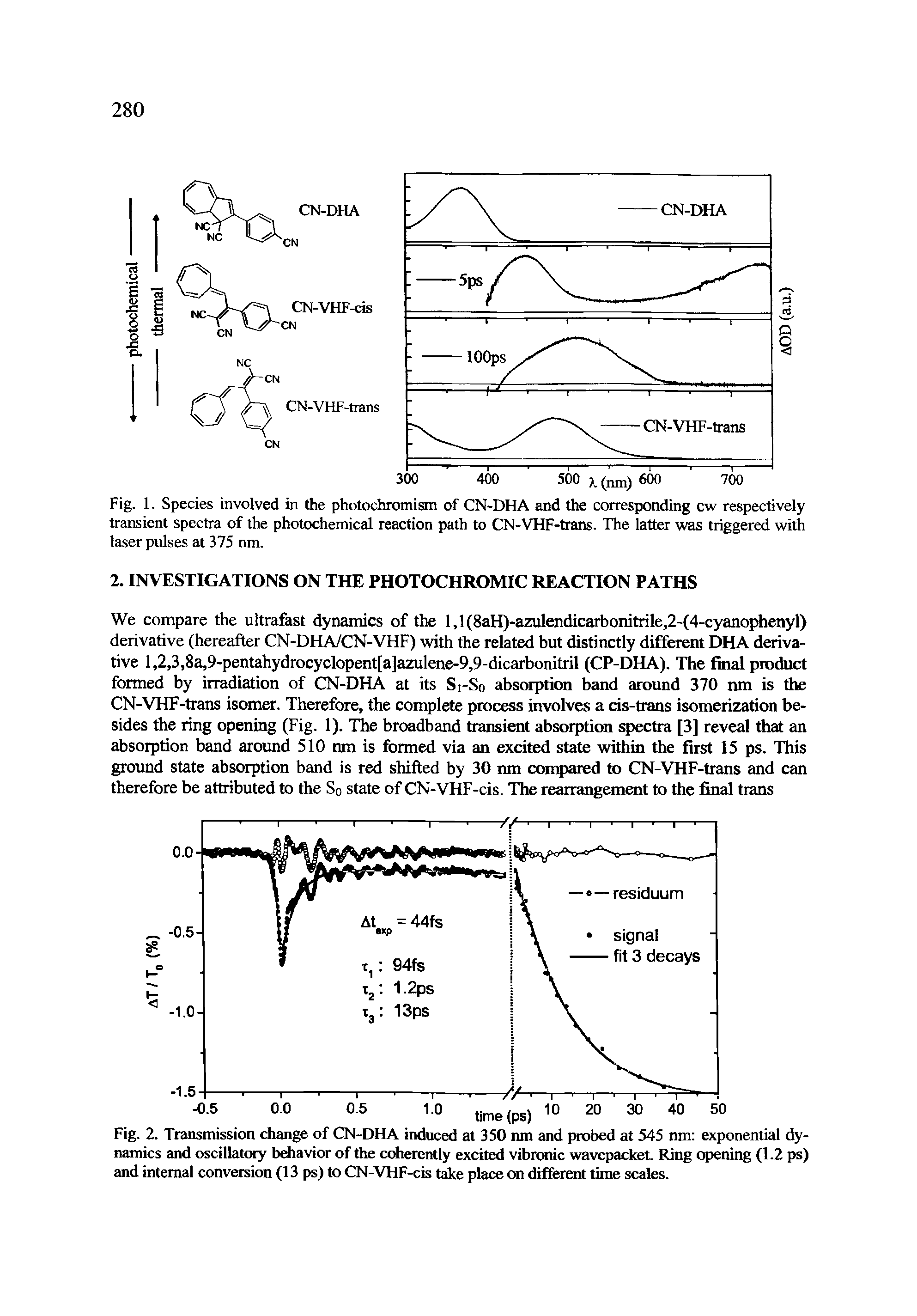Fig. 2. Transmission change of CN-DHA induced at 350 nm and probed at 545 nm exponential dynamics and oscillatory behavior of the coherently excited vibronic wavepacket. Ring opening (1.2 ps) and internal conversion (13 ps) to CN-VHF-cis take place on different time scales.