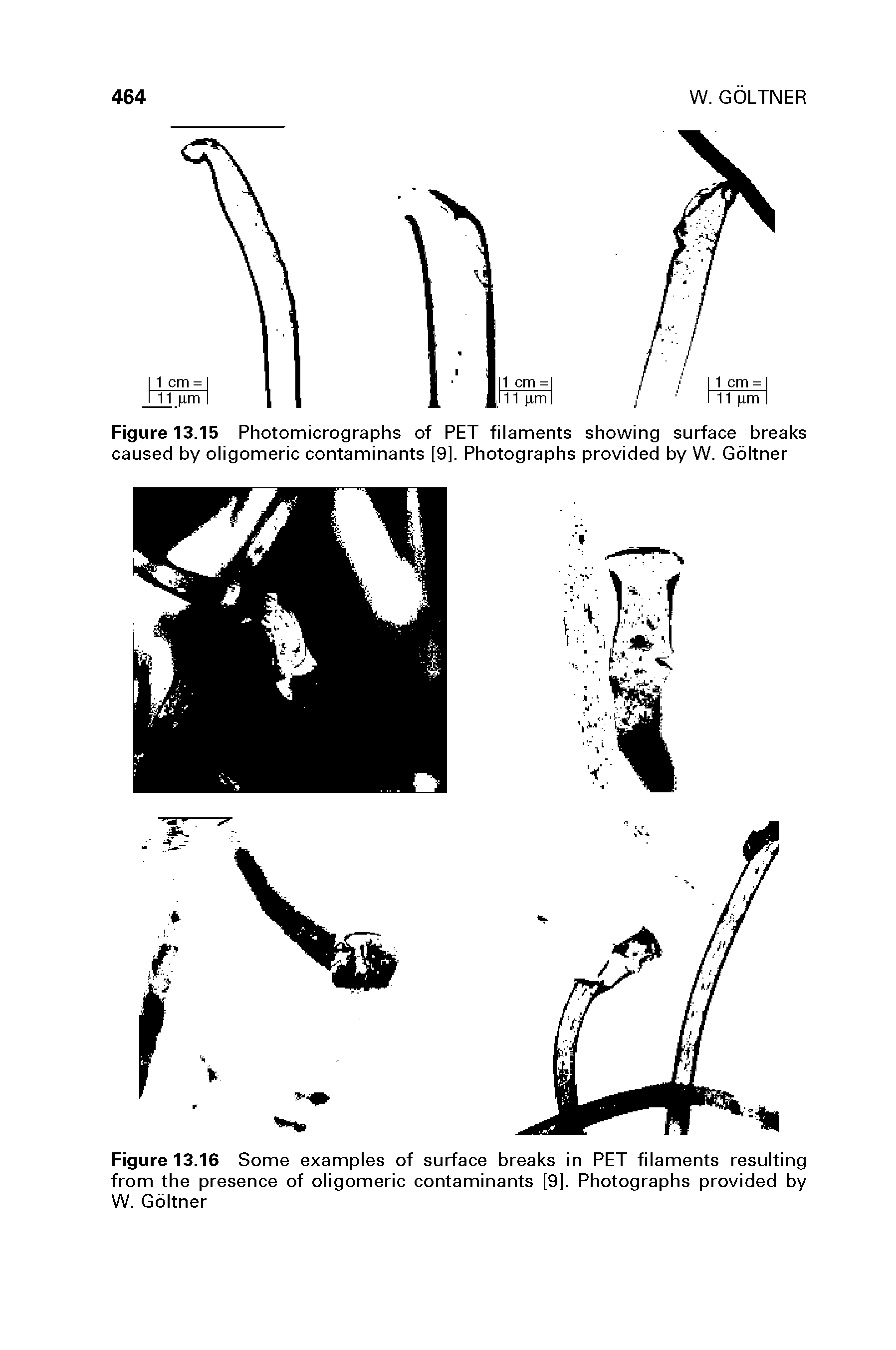 Figure 13.15 Photomicrographs of PET filaments showing surface breaks caused by oligomeric contaminants [9]. Photographs provided by W. Goltner...