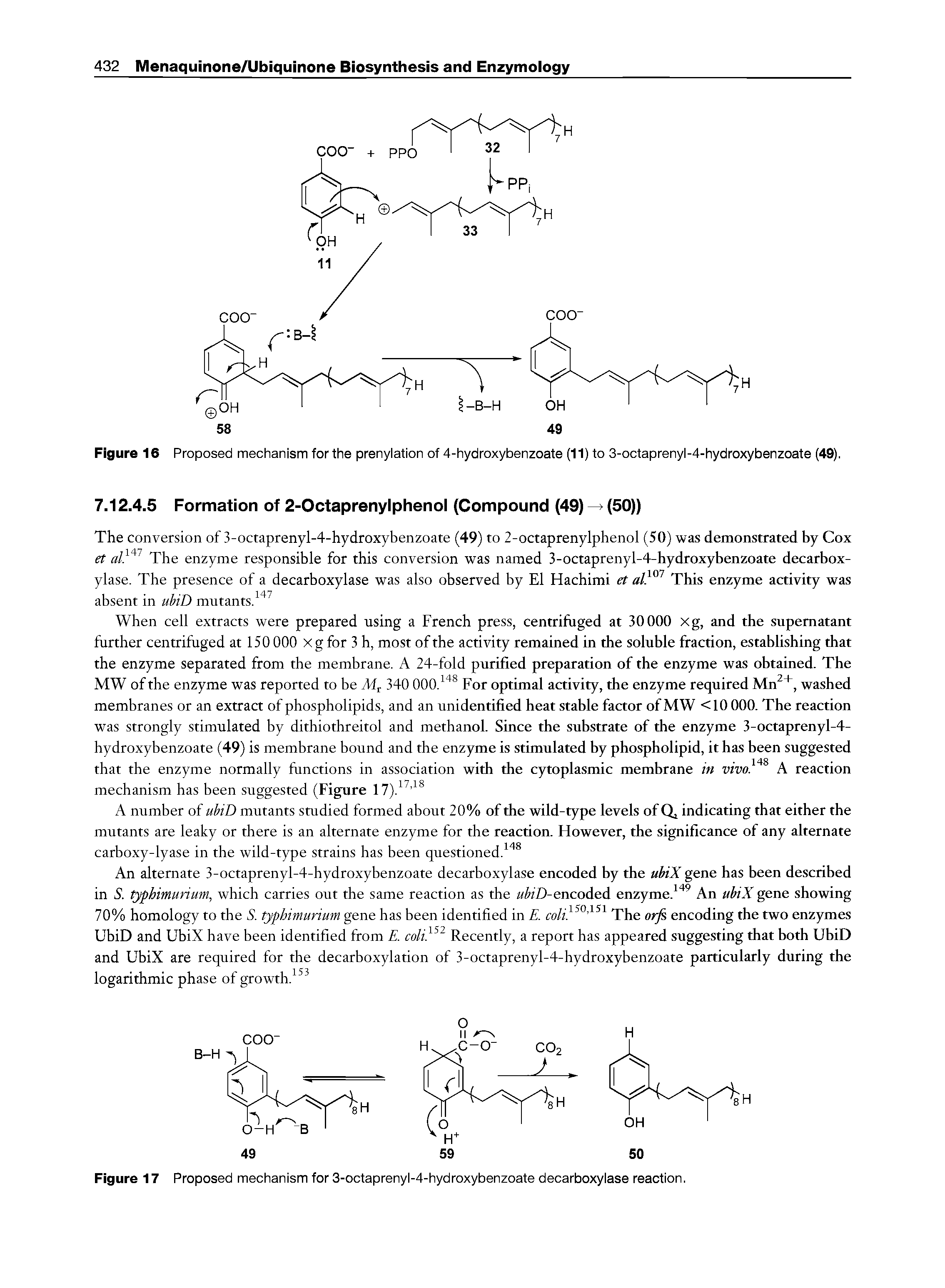 Figure 17 Proposed mechanism for 3-octaprenyl-4-hydroxybenzoate decarboxylase reaction.