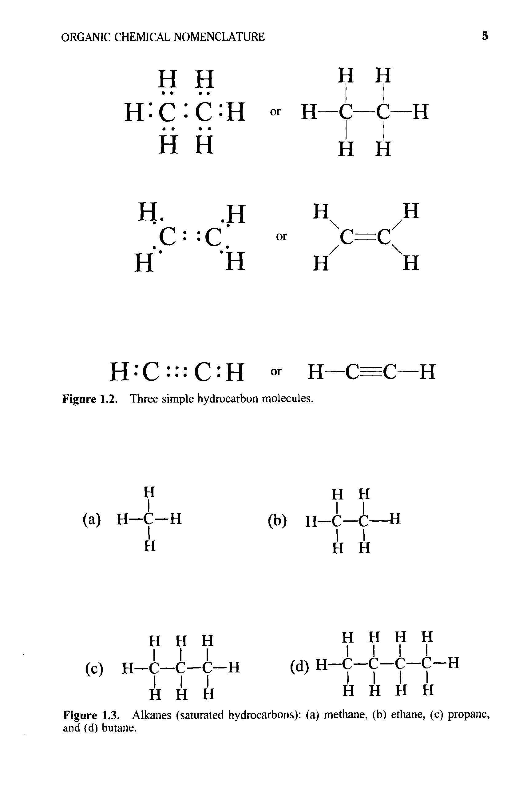 Figure 1.3. Alkanes (saturated hydrocarbons) (a) methane, (b) ethane, (c) propane, and (d) butane.