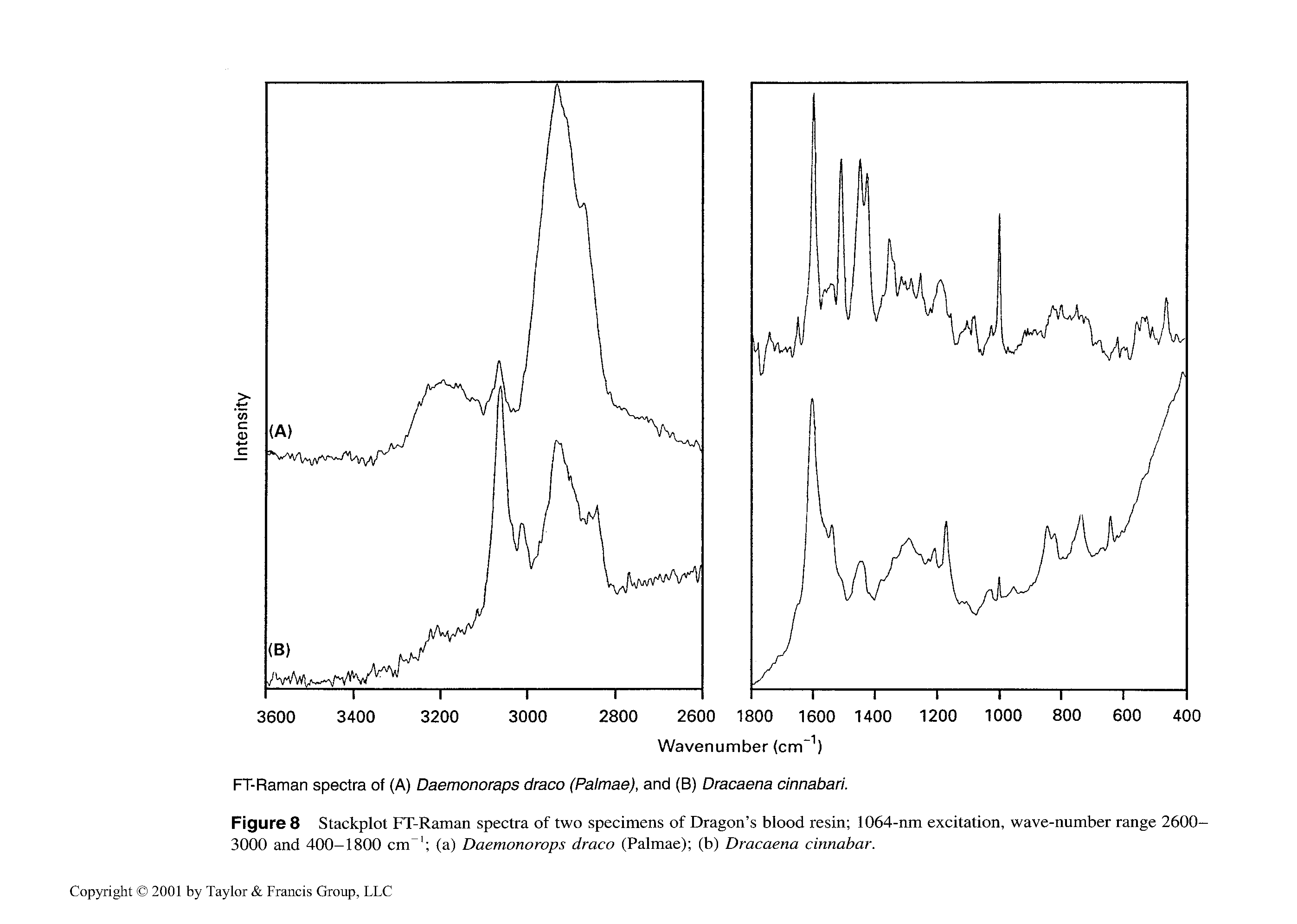 Figure 8 Stackplot FT-Raman spectra of two specimens of Dragon s blood resin 1064-nm excitation, wave-number range 2600-3000 and 400-1800 cm (a) Daemonorops draco (Palmae) (b) Dracaena cinnabar.