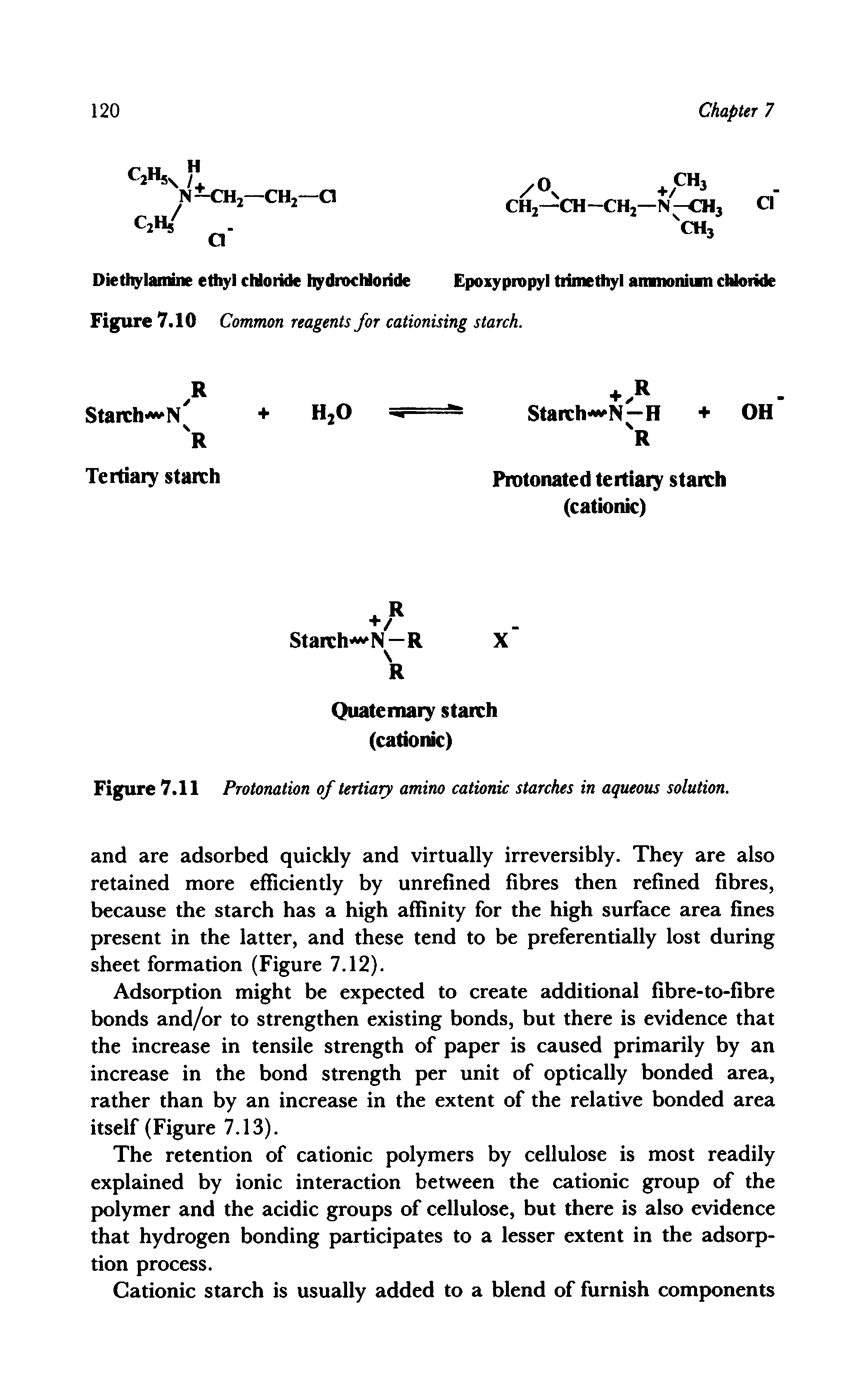 Figure 7.11 Protonation of tertiary amino cationic starches in aqueous solution.