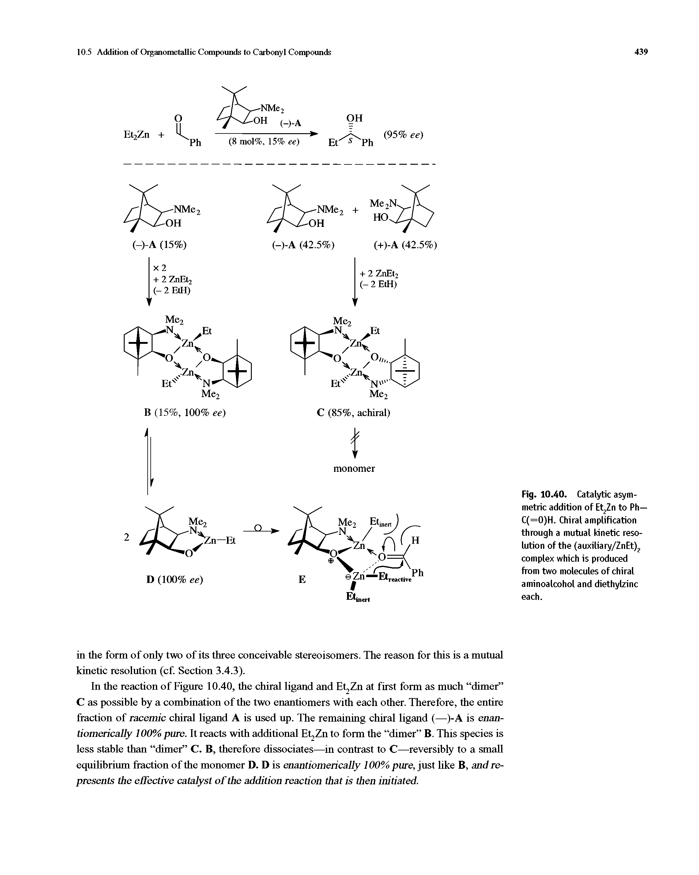 Fig. 10.40. Catalytic asymmetric addition of Et2Zn to Ph— C(=0)H. Chiral amplification through a mutual kinetic resolution of the (auxiliary/ZnEt)2 complex which is produced from two molecules of chiral aminoalcohol and diethylzinc each.