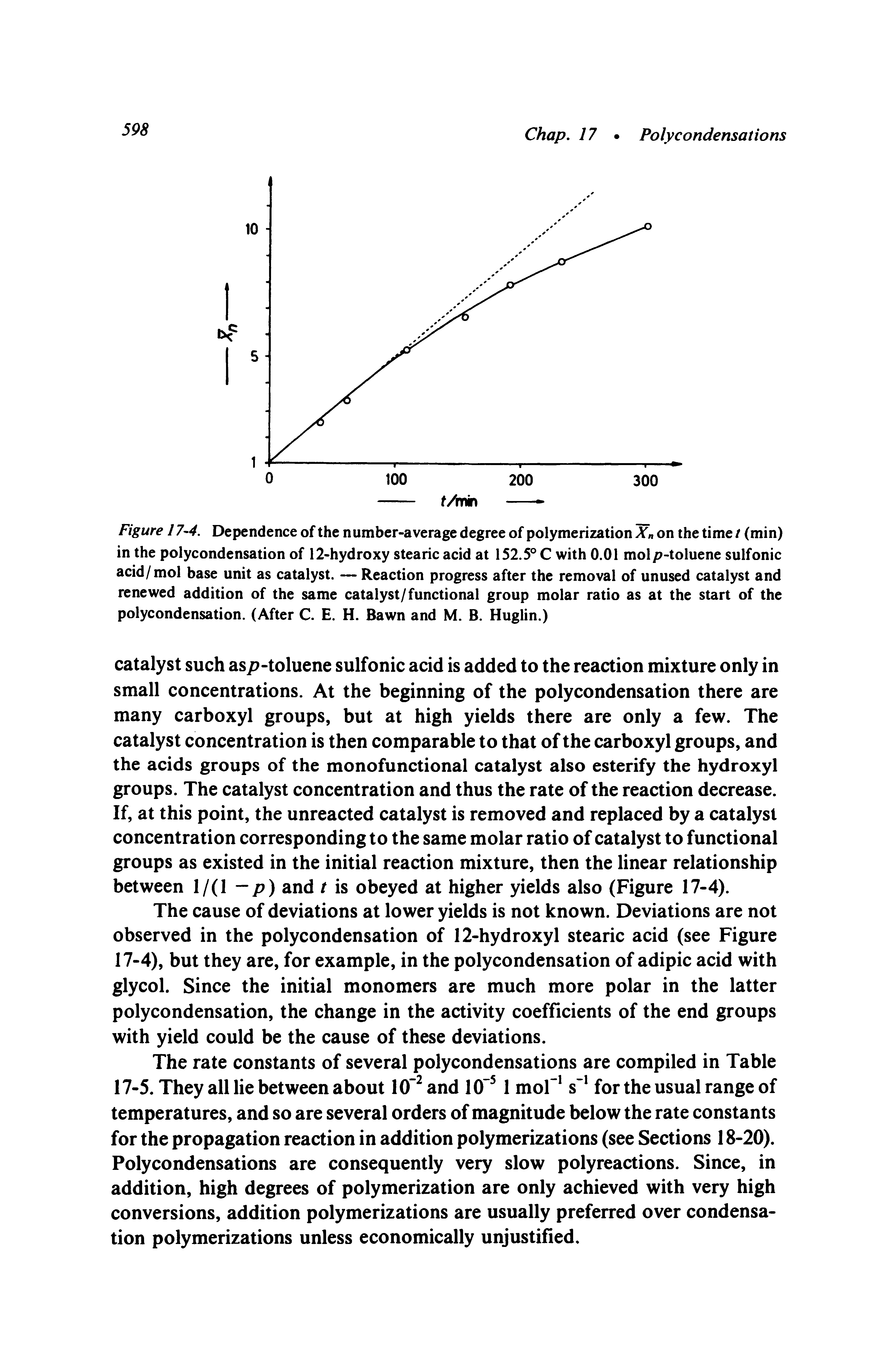 Figure 17-4. Dependence of the n umber-average degree of polymerization ICn on the time / (min) in the polycondensation of 12-hydroxy stearic acid at 152.5° C with 0.01 molp-toluene sulfonic acid / mol base unit as catalyst. — Reaction progress after the removal of unused catalyst and renewed addition of the same catalyst/functional group molar ratio as at the start of the polycondensation. (After C. E. H. Bawn and M. B. Huglin.)...