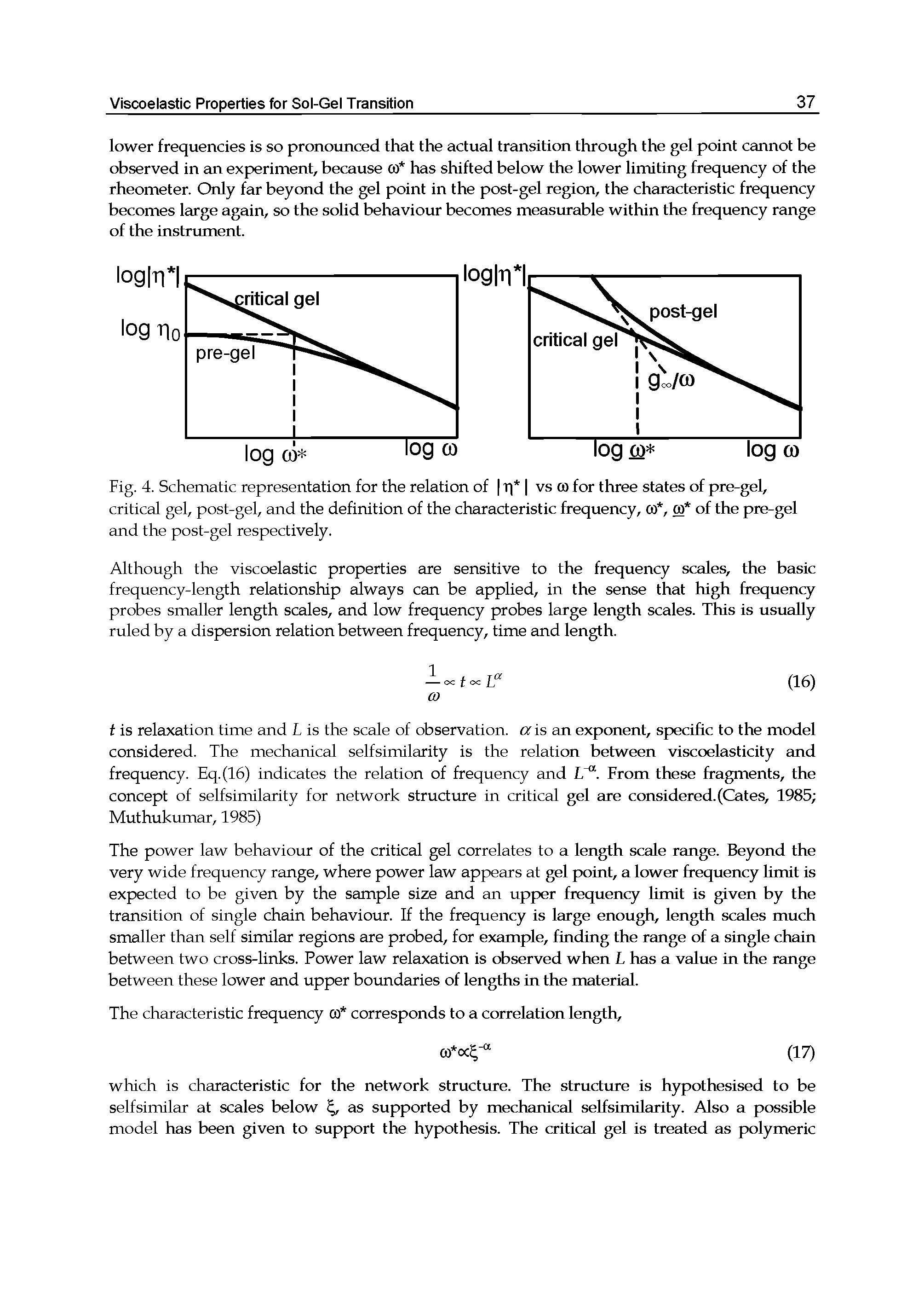 Fig. 4. Schematic representation for the relation of T vs (O for three states of pre-gel, critical gel, post-gel, and the definition of the characteristic frequency, of, eo of the pre-gel and the post-gel respectively.
