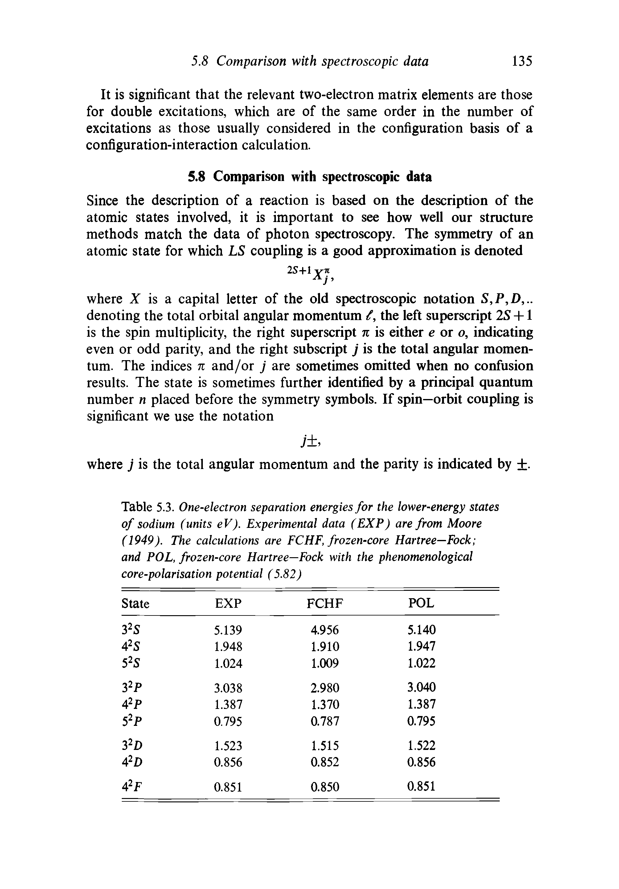 Table 5.3. One-electron separation energies for the lower-energy states of sodium (units eV). Experimental data (EXP) are from Moore (1949). The calculations are FCHE, frozen-core Hartree—Fock and POL, frozen-core Hartree—Fock with the phenomenological core-polarisation potential (5.82)...