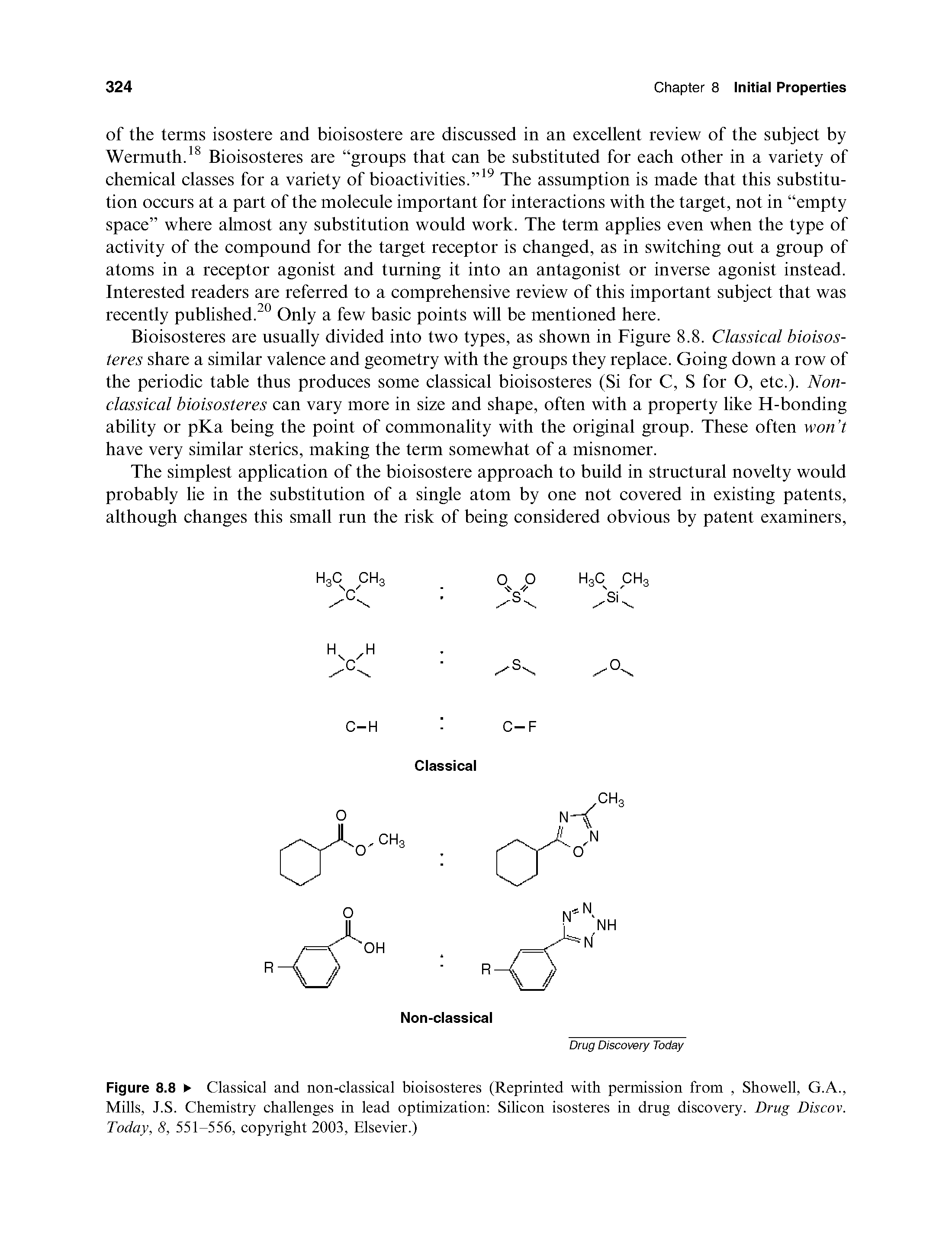 Figure 8.8 Classical and non-classical bioisosteres (Reprinted with permission from, Showell, G.A., Mills, J.S. Chemistry challenges in lead optimization Silicon isosteres in drug discovery. Drug Discov. Today, 8, 551-556, copyright 2003, Elsevier.)...