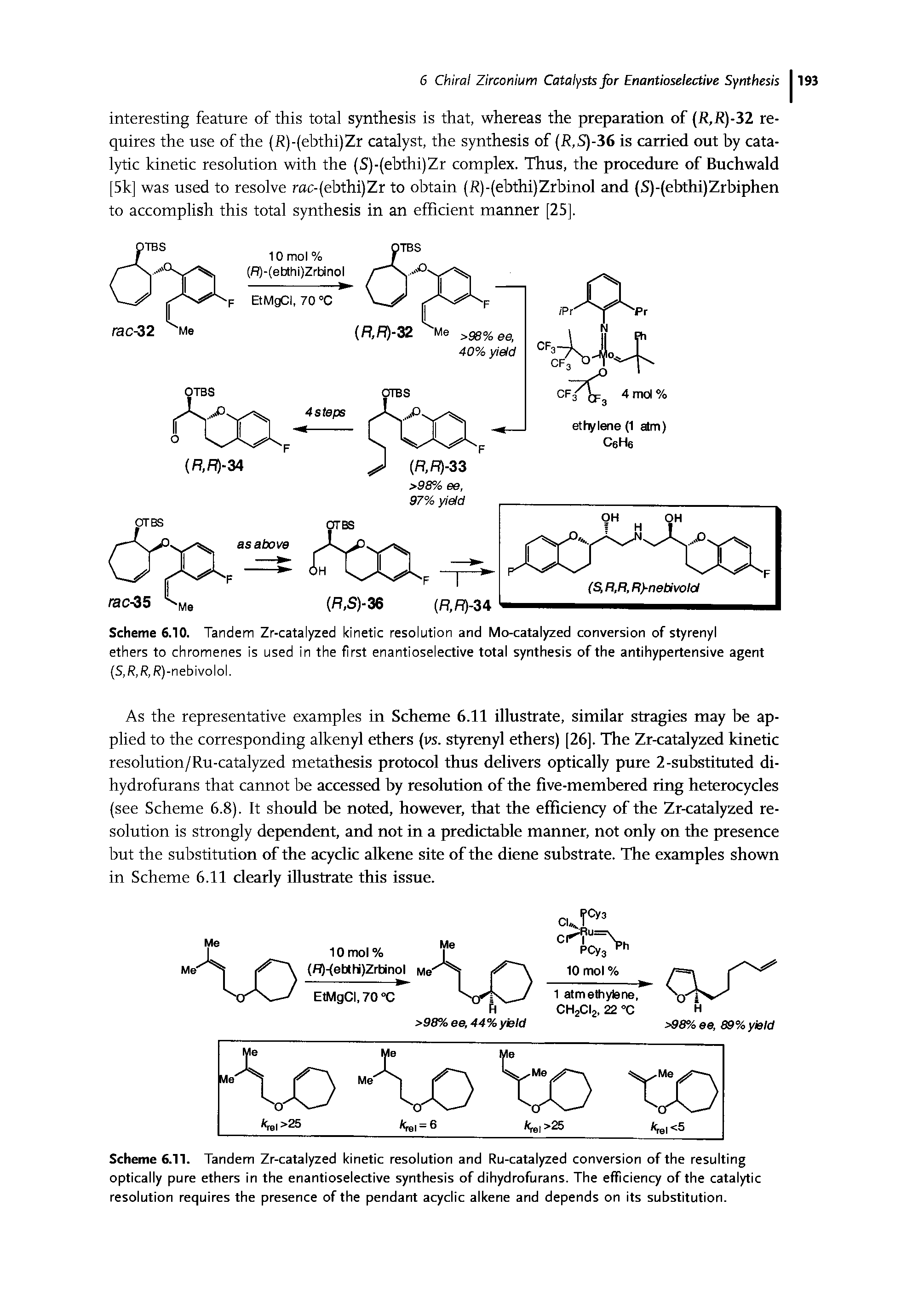 Scheme 6.11. Tandem Zr-catalyzed kinetic resolution and Ru-catalyzed conversion of the resulting optically pure ethers in the enantioselective synthesis of dihydrofurans. The efficiency of the catalytic resolution requires the presence of the pendant acyclic alkene and depends on its substitution.