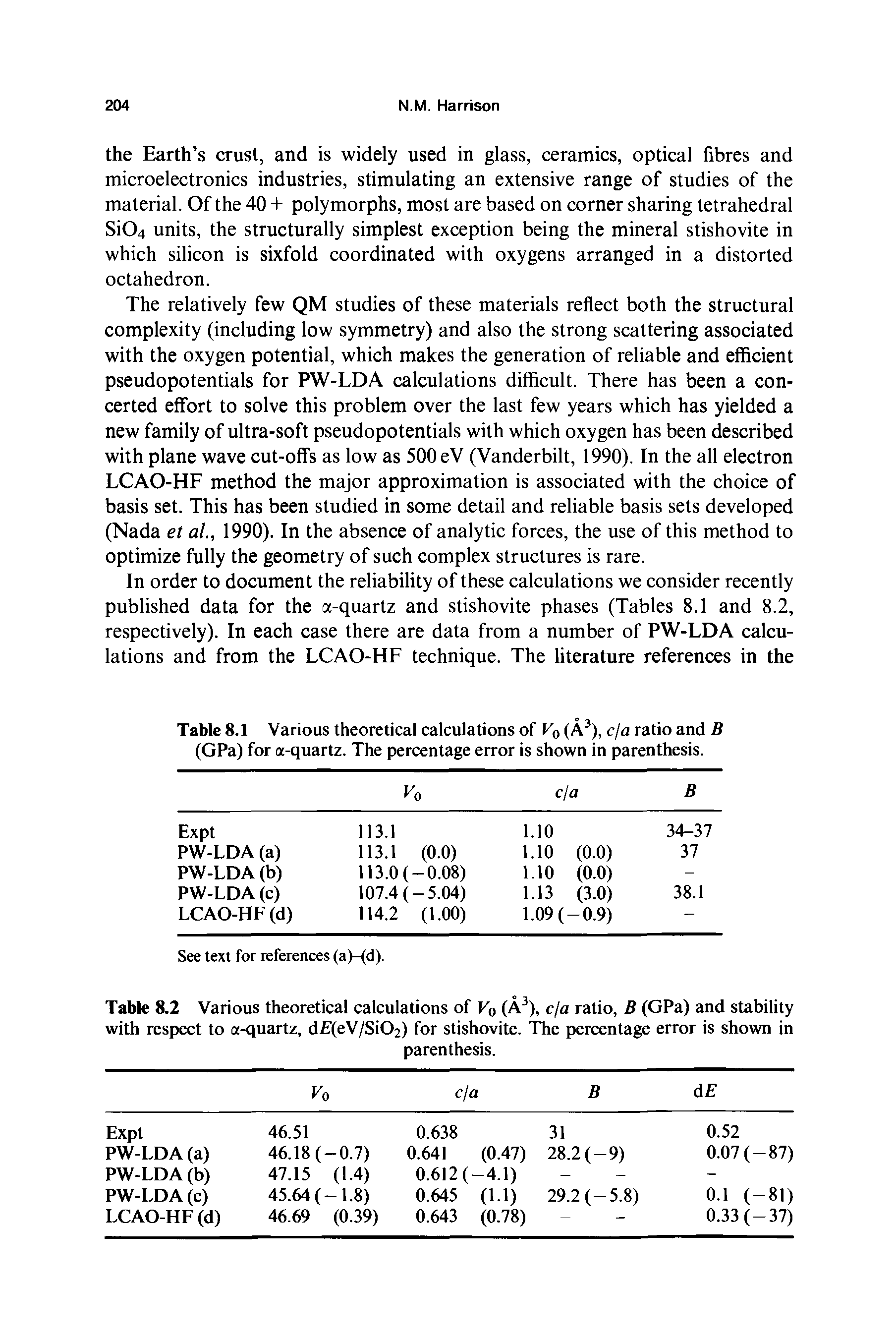 Table 8.1 Various theoretical calculations of V0 (A3), c/a ratio and B (GPa) for a-quartz. The percentage error is shown in parenthesis.