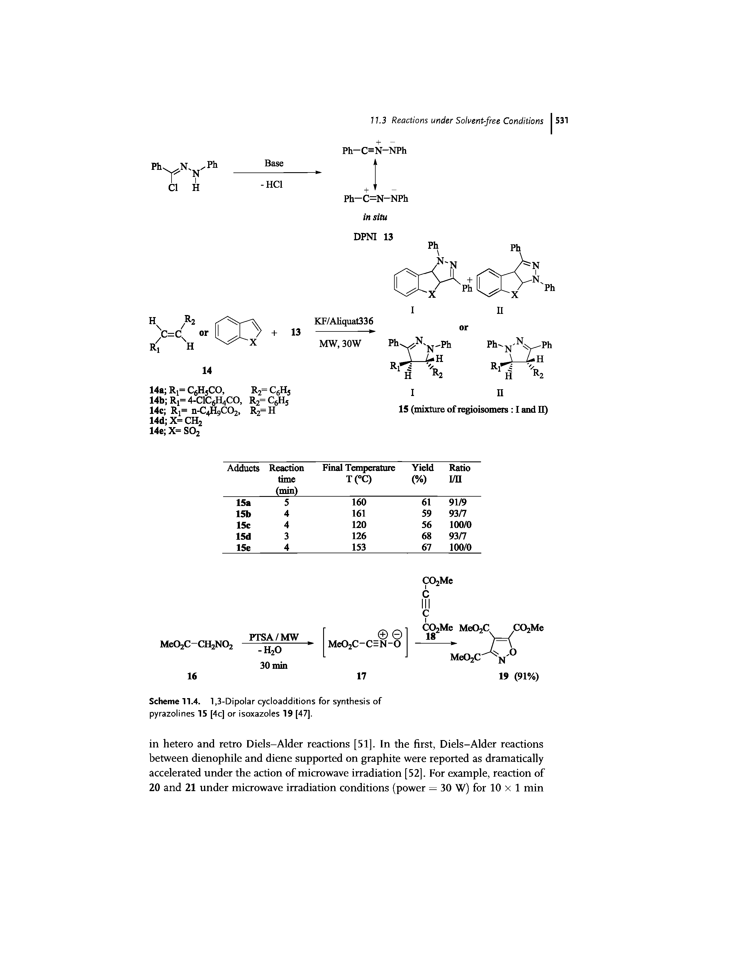 Scheme 11.4. 1,3-Dipolar cycloadditions for synthesis of pyrazolines 15 [4c] or isoxazoles 19 [47].