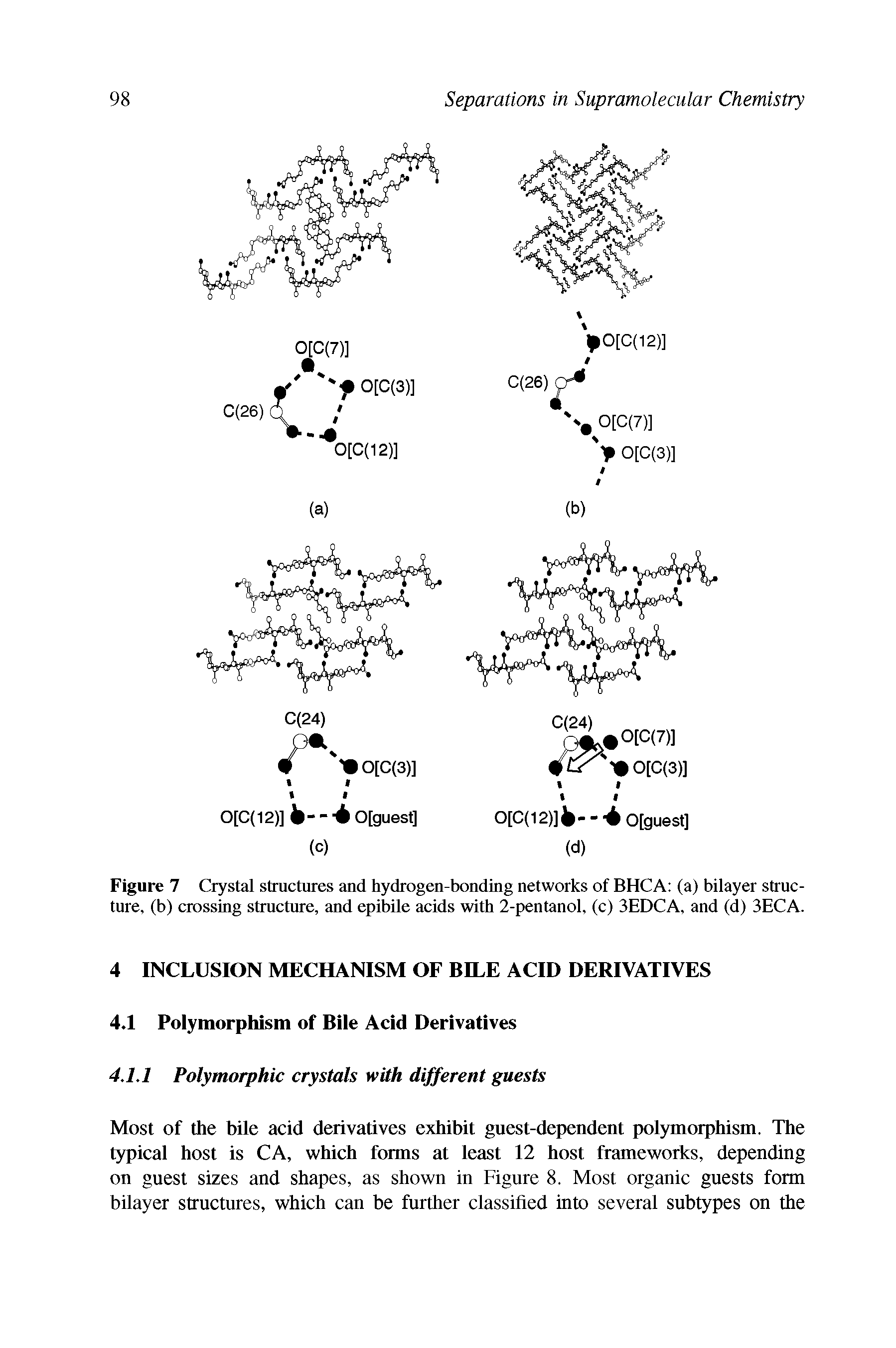 Figure 7 Crystal structures and hydrogen-bonding networks of BHCA (a) bilayer structure, (b) crossing structure, and epibile acids with 2-pentanol, (c) 3EDCA, and (d) 3ECA.
