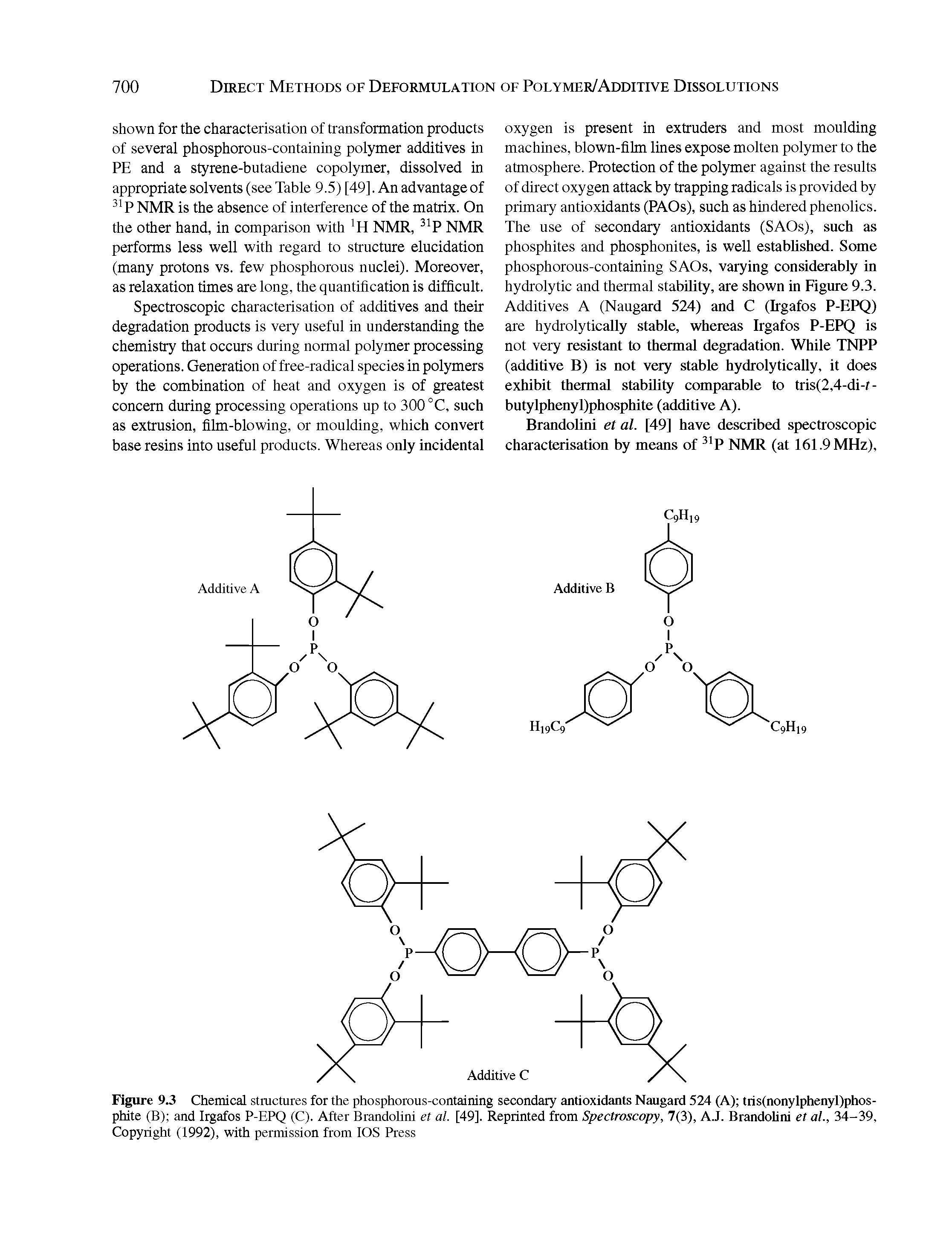 Figure 9.3 Chemical stmctures for the phosphorous-containing secondary antioxidants Naugard 524 (A) tris(nonylphenyl)phos-phite (B) and Irgafos P-EPQ (C). After Brandolini et al. [49]. Reprinted from Spectroscopy, 7(3), AJ. Brandolini et al., 34-39, Copyright (1992), with permission from IOS Press...