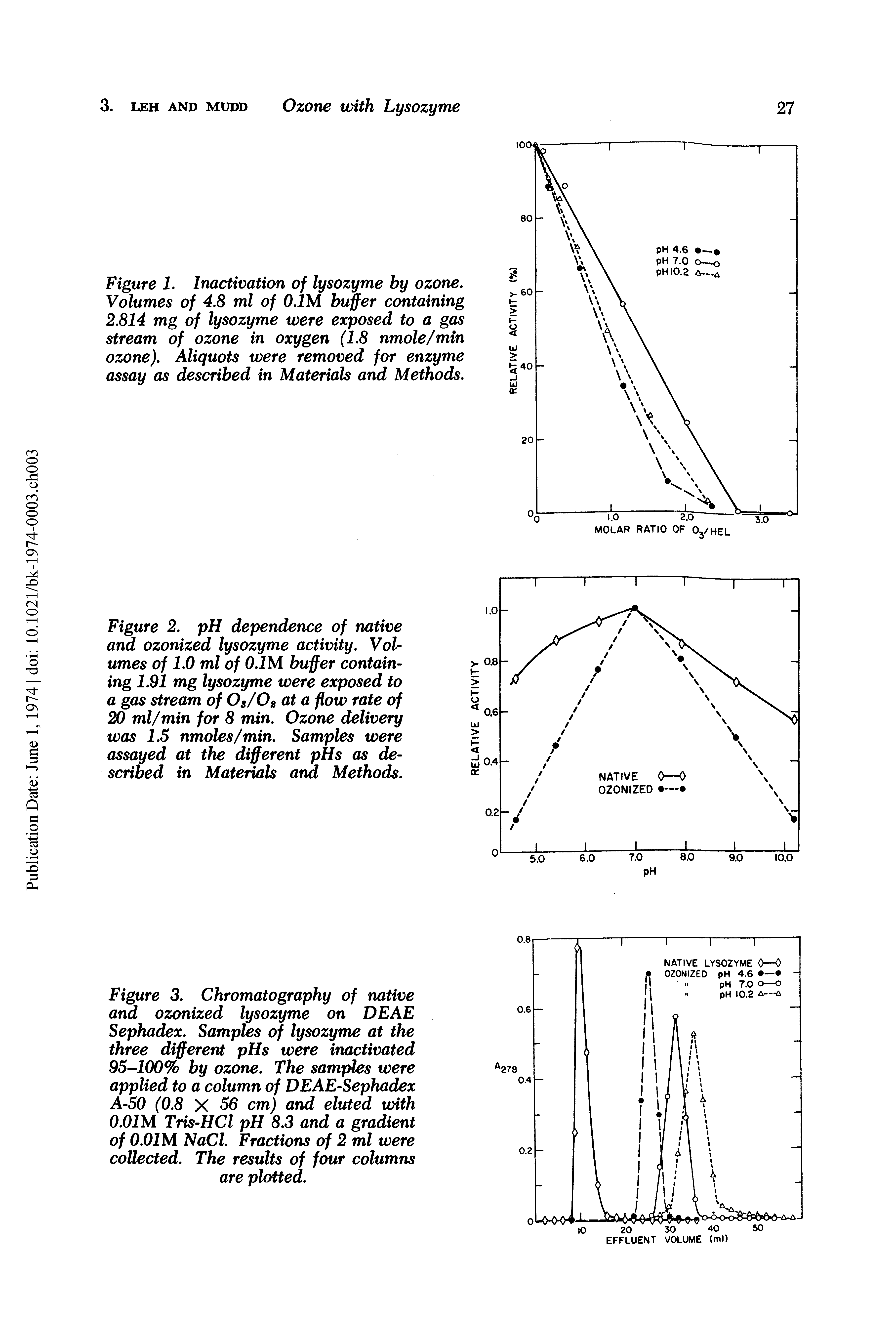 Figure 3. Chromatography of native and ozonized lysozyme on DEAE Sephadex. Samples of lysozyme at the three different pHs were inactivated 95-100% by ozone. The samples were applied to a column of DEAE-Sephadex A-50 (0.8 X 56 cm) and eluted with O.OIM Tris-HCl pH 8.3 and a gradient of O.OIM NaCl. Fractions of 2 ml were collected. The results of four columns are plotted.
