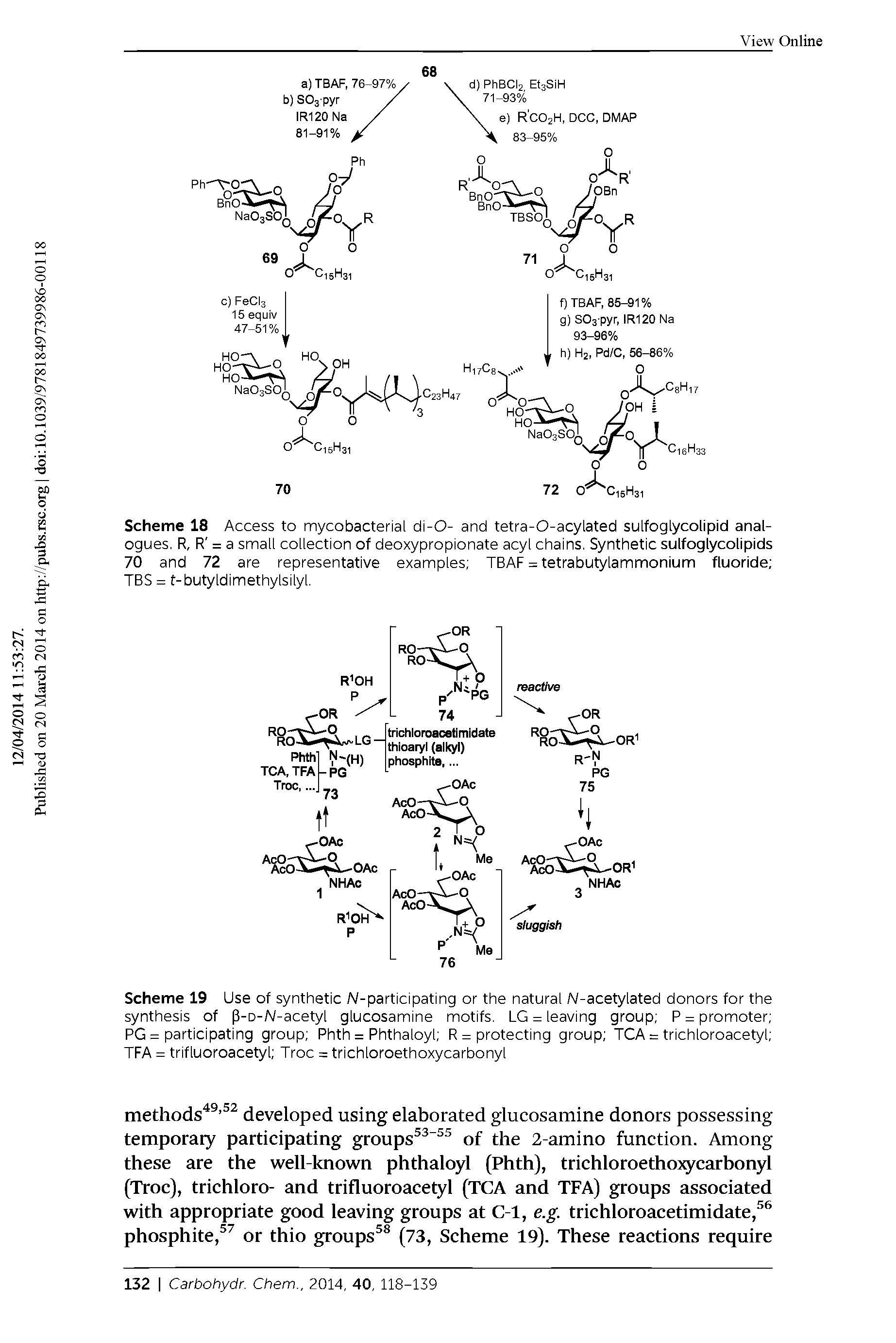 Scheme 19 Use of synthetic -participating or the natural N-acetylated donors for the synthesis of p-o-N-acetyl glucosamine motifs. LG = leaving group P = promoter PG = participating group Phth = Phthaloyl R = protecting group TCA = trichloroacetyl TFA = trifluoroacetyl Troc = trichloroethoxycarbonyl...