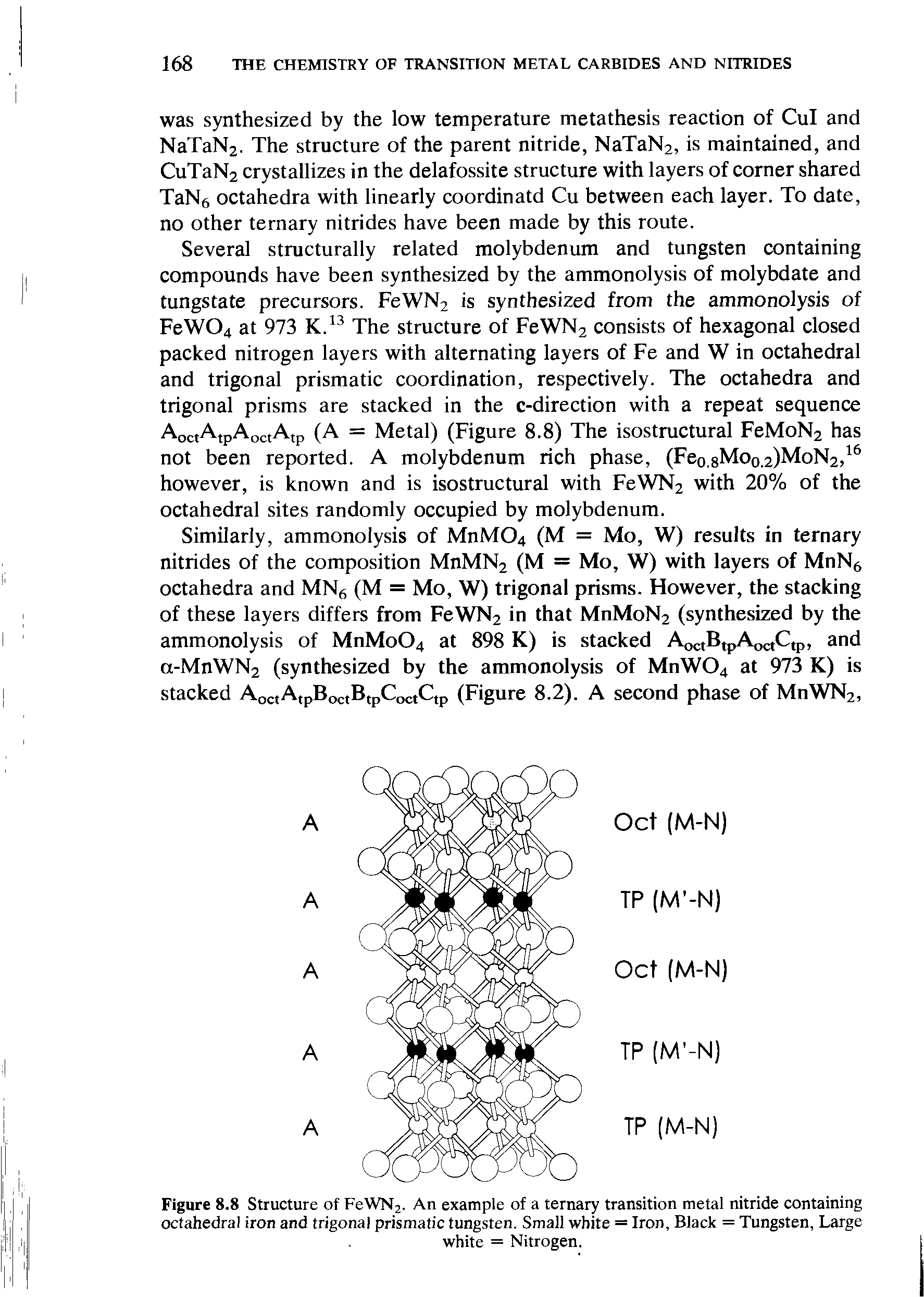 Figure 8.8 Structure of FeWN2. An example of a ternary transition metal nitride containing octahedral iron and trigonal prismatic tungsten. Small white = Iron, Black = Tungsten, Large...