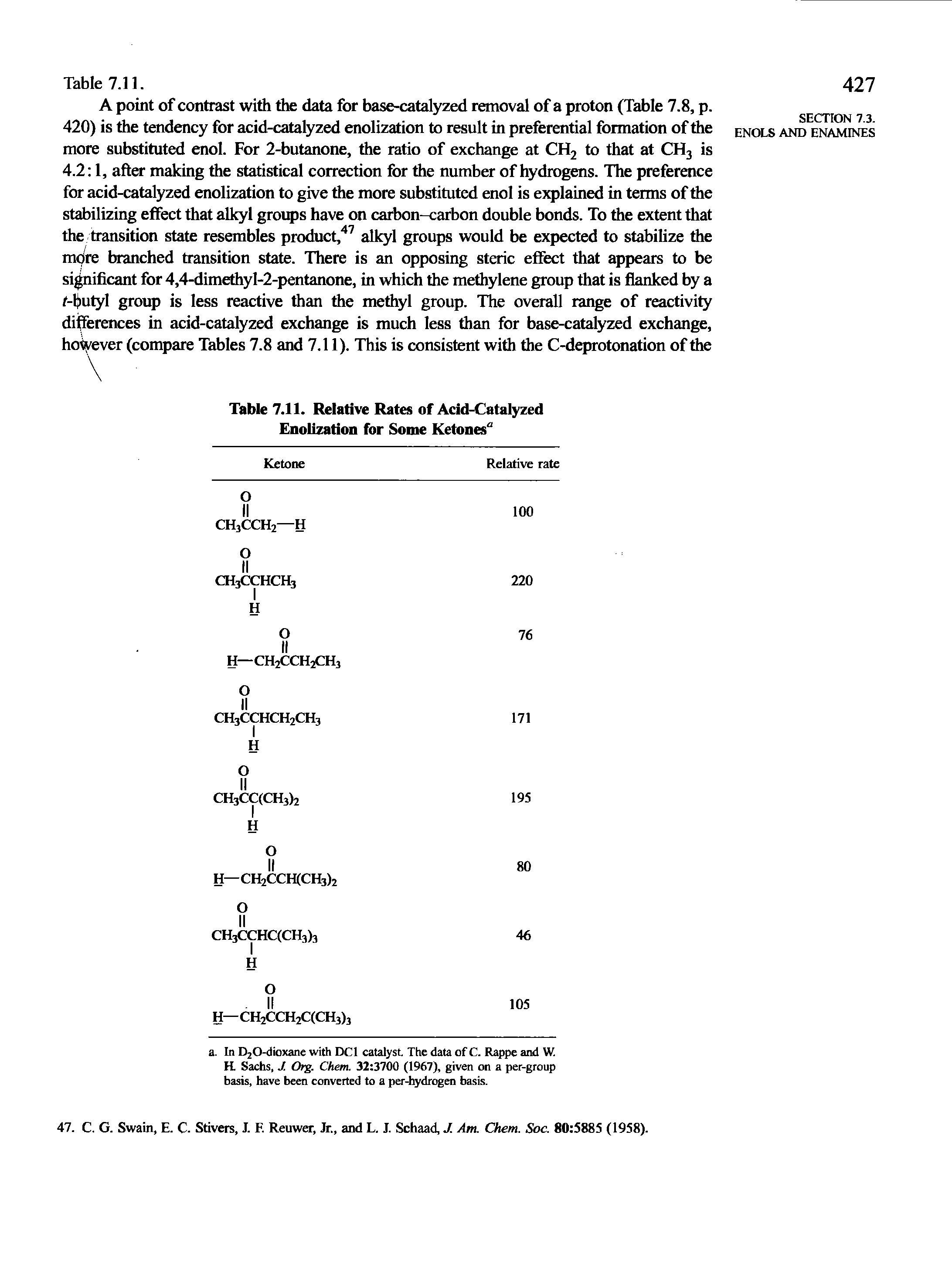 Table 7.11. Relative Rates of Acid-Catalyzed Enolization for Some Ketones"...