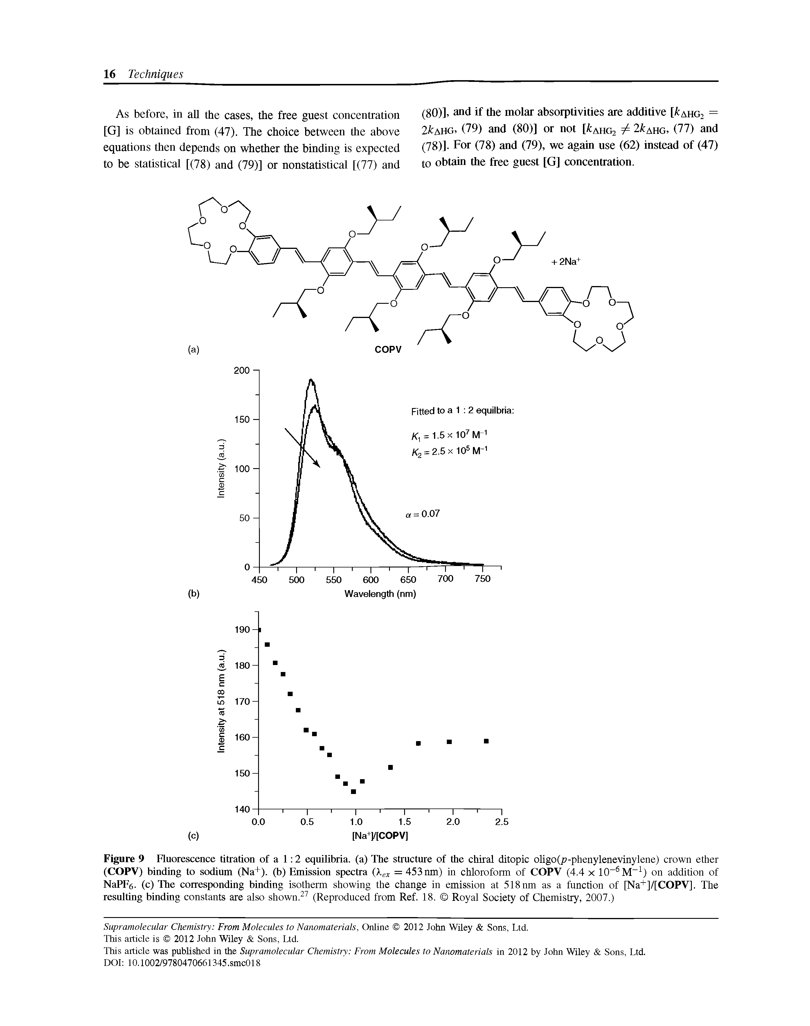 Figure 9 Ruorescence titration of a 1 2 equilibria, (a) The structure of the chiral ditopic oligo(p-phenylenevinylene) crown ether (COPY) binding to sodium (Na+). (b) Emission spectra = 453 nm) in chloroform of COPY (4.4 x 10 M ) on addition of NaPFe. (c) The corresponding binding isotherm showing the change in emission at 518 nm as a function of [Na+]/[COPY]. The resulting binding constants are also shown. (Reproduced from Ref. 18. Royal Society of Chemistry, 2007.)...