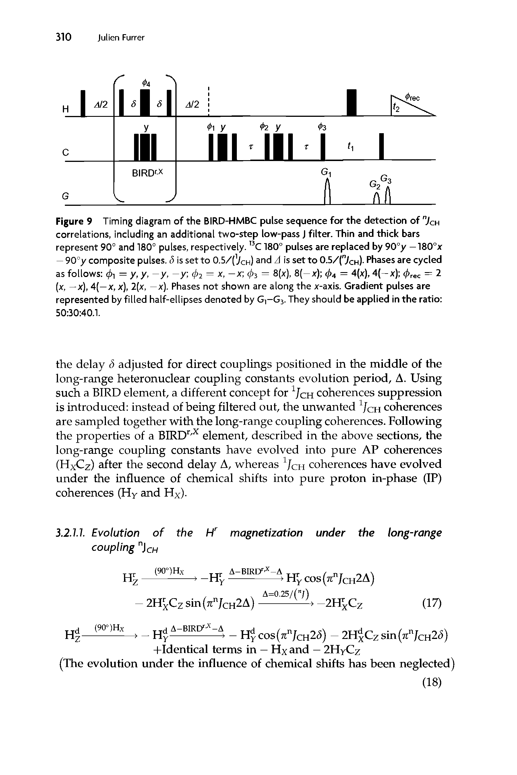 Figure 9 Timing diagram of the BIRD-HMBC pulse sequence for the detection of nJch correlations, including an additional two-step low-pass J filter. Thin and thick bars represent 90° and 180° pulses, respectively. 13C180° pulses are replaced by 90°y — 180°x — 90°y composite pulses. <5 is set to 0.5/(Vch) and A is set to 0.5/("JCH). Phases are cycled as follows fa = y, y, —y, —y 4>j = x, —x fa — 8(x), 8(—x) fa = 4(x), 4(— x) ( rec = 2 (x, — x), 4(—x, x), 2(x, —x). Phases not shown are along the x-axis. Gradient pulses are represented by filled half-ellipses denoted by Gi-G3. They should be applied in the ratio 50 30 40.1.