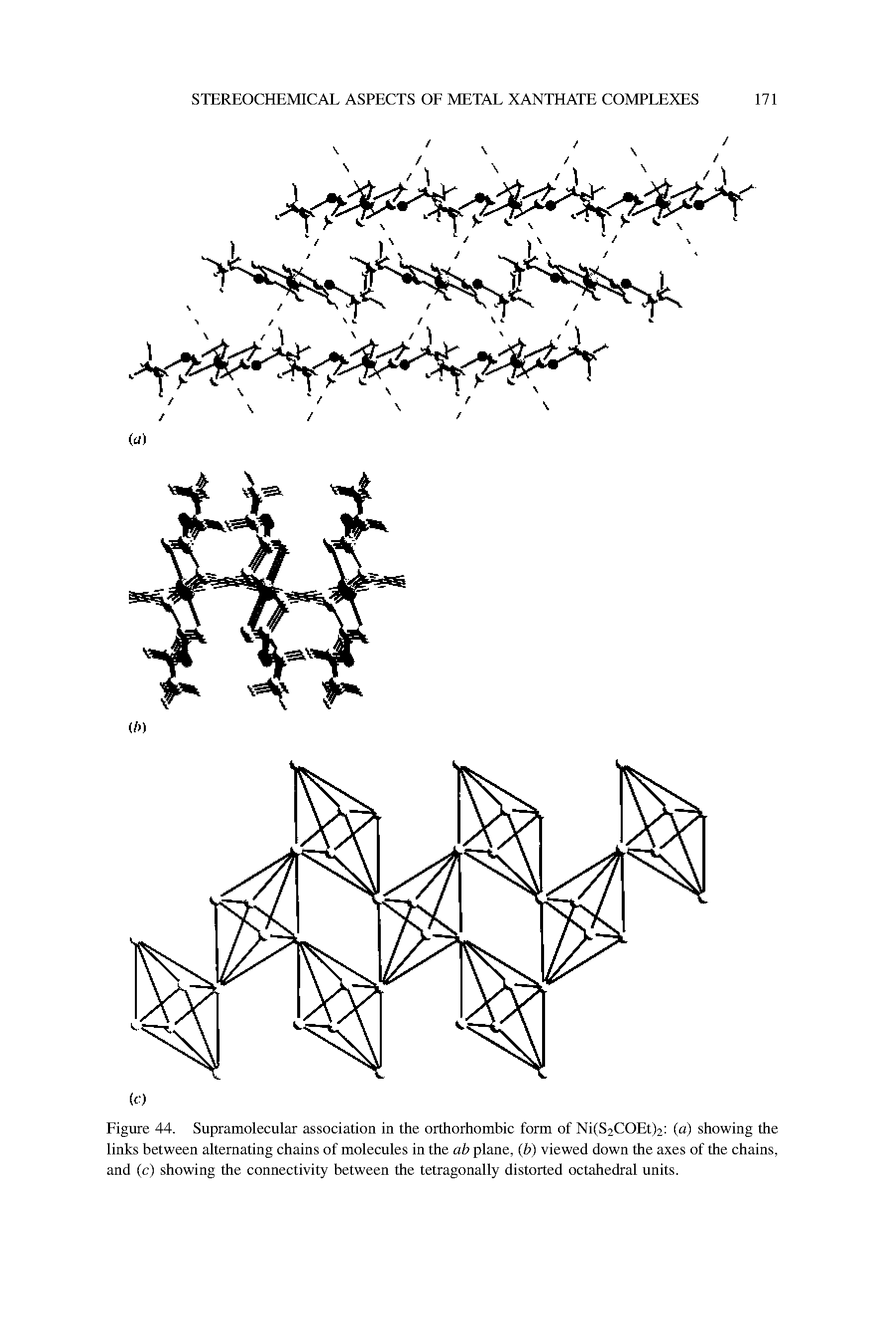 Figure 44. Supramolecular association in the orthorhombic form of Ni(S2COEt)2 (a) showing the links between alternating chains of molecules in the ab plane, (b) viewed down the axes of the chains, and (c) showing the connectivity between the tetragonally distorted octahedral units.