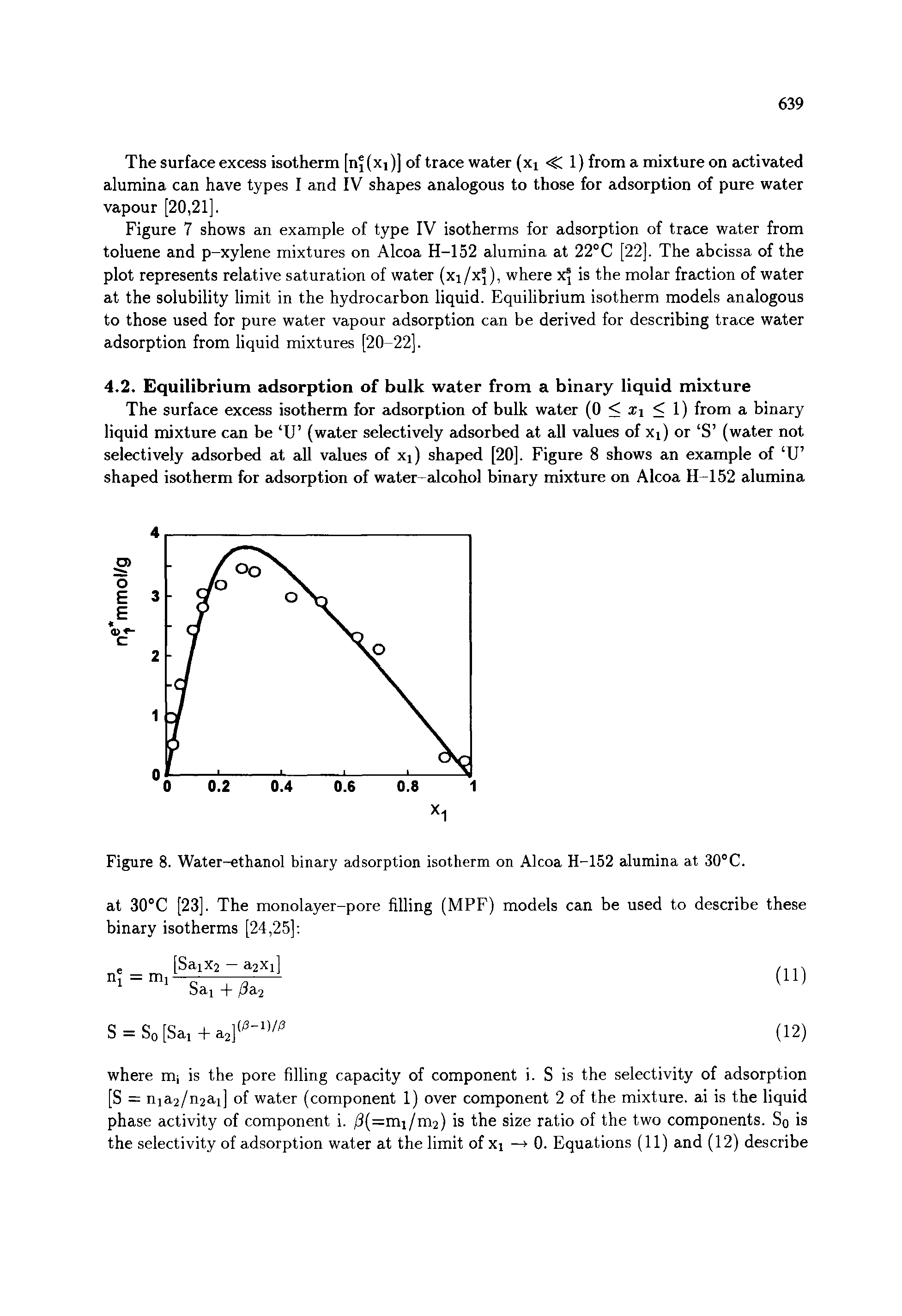 Figure 8. Water-ethanol binary adsorption isotherm on Alcoa H-152 alumina at 30°C.