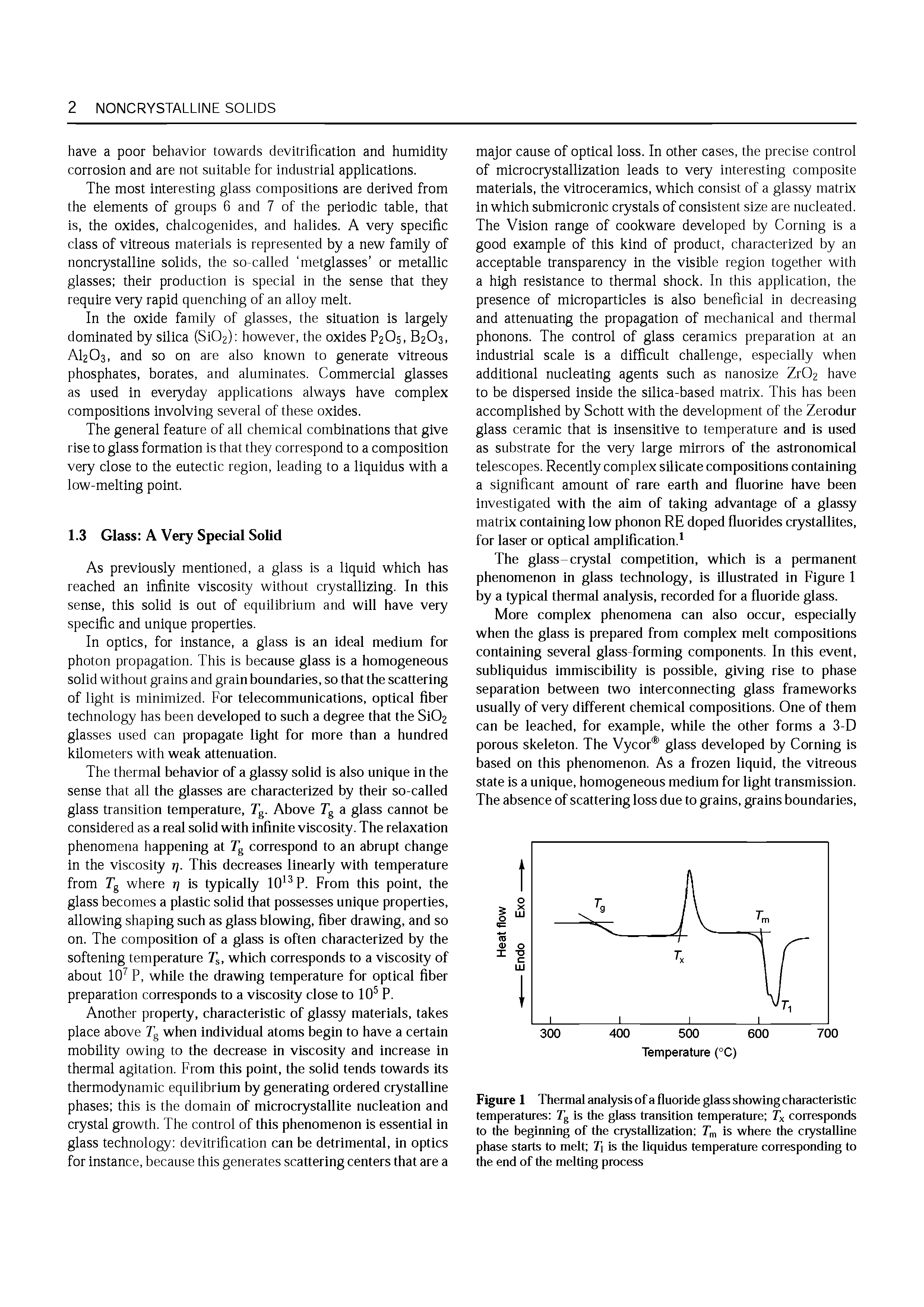 Figure 1 Thermal analysis of a fluoride glass showing characteristic temperatures Tg is the glass transition temperature Tx corresponds to the begiiming of the crystallization T is where the crystalline phase starts to melt T is the liquidus temperature corresponding to the end of the melting process...