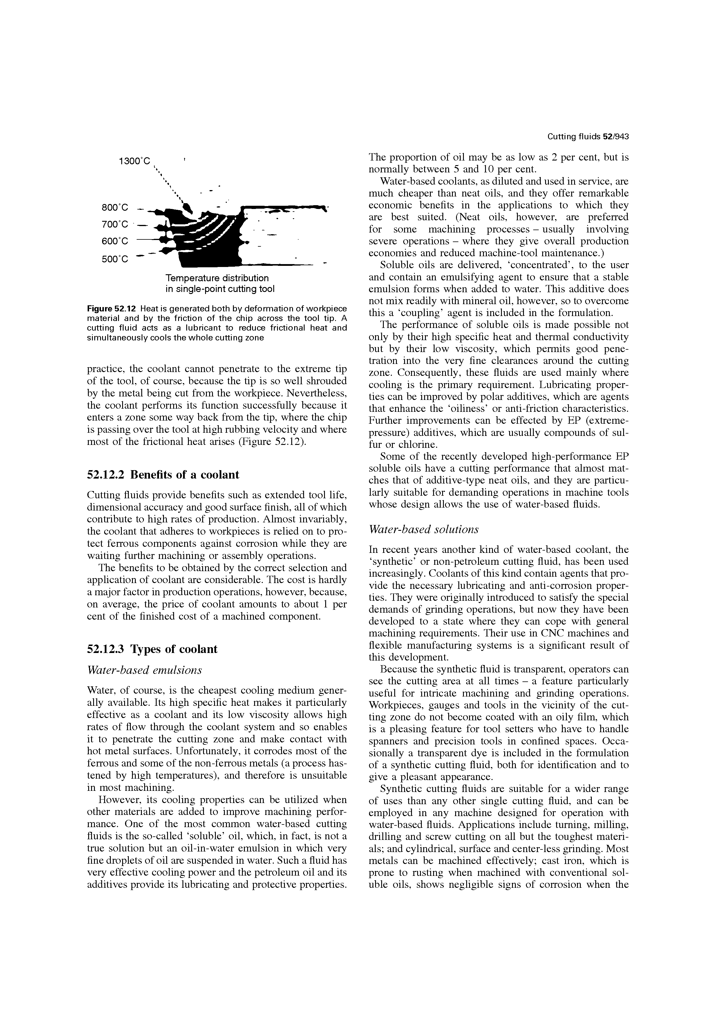 Figure 52.12 Heat is generated both by deformation of workpiece material and by the friction of the chip across the tool tip. A cutting fluid acts as a lubricant to reduce frictional heat and simultaneously cools the whole cutting zone...