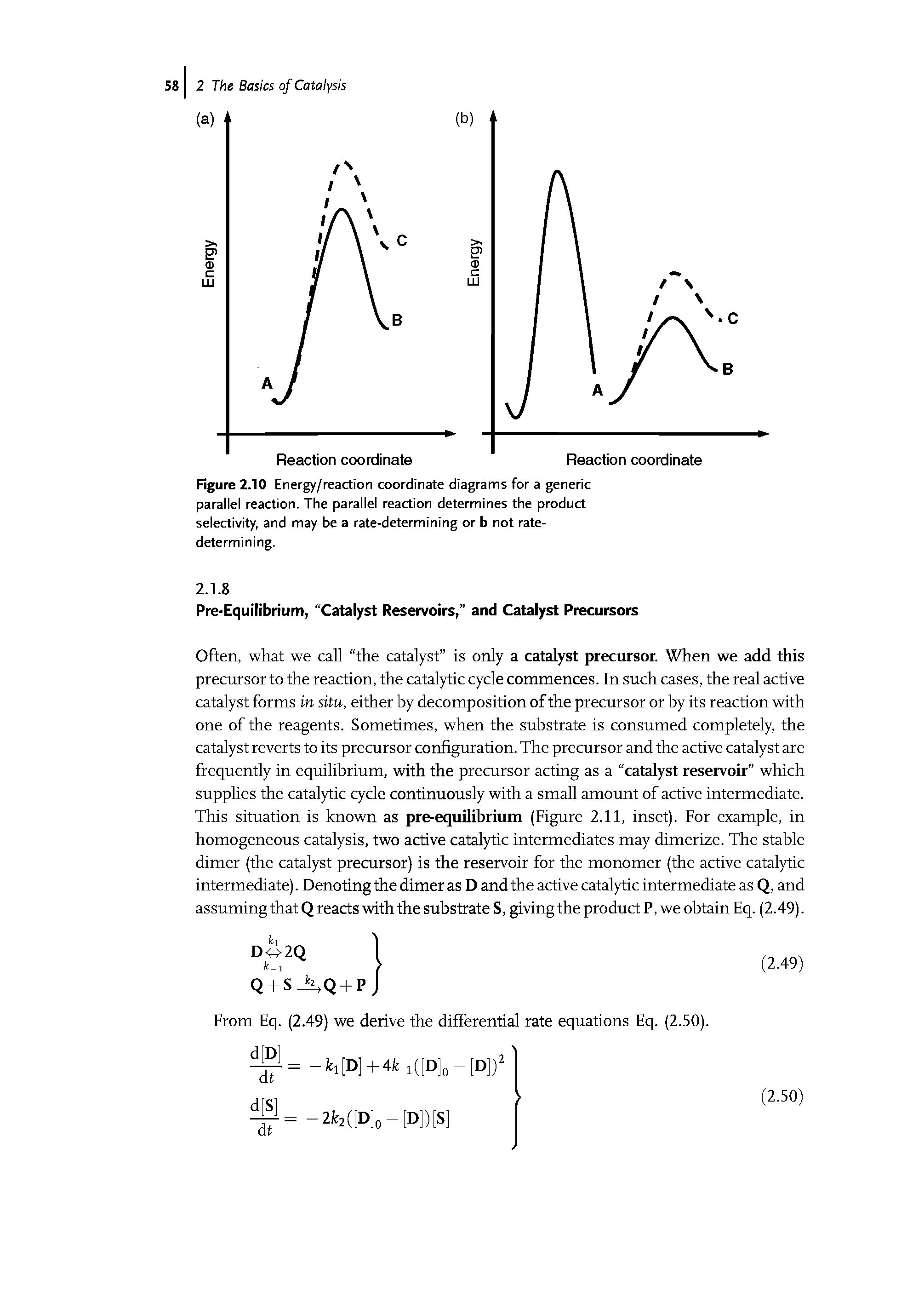 Figure 2.10 Energy/reaction coordinate diagrams for a generic parallel reaction. The parallel reaction determines the product selectivity, and may be a rate-determining or b not ratedetermining.