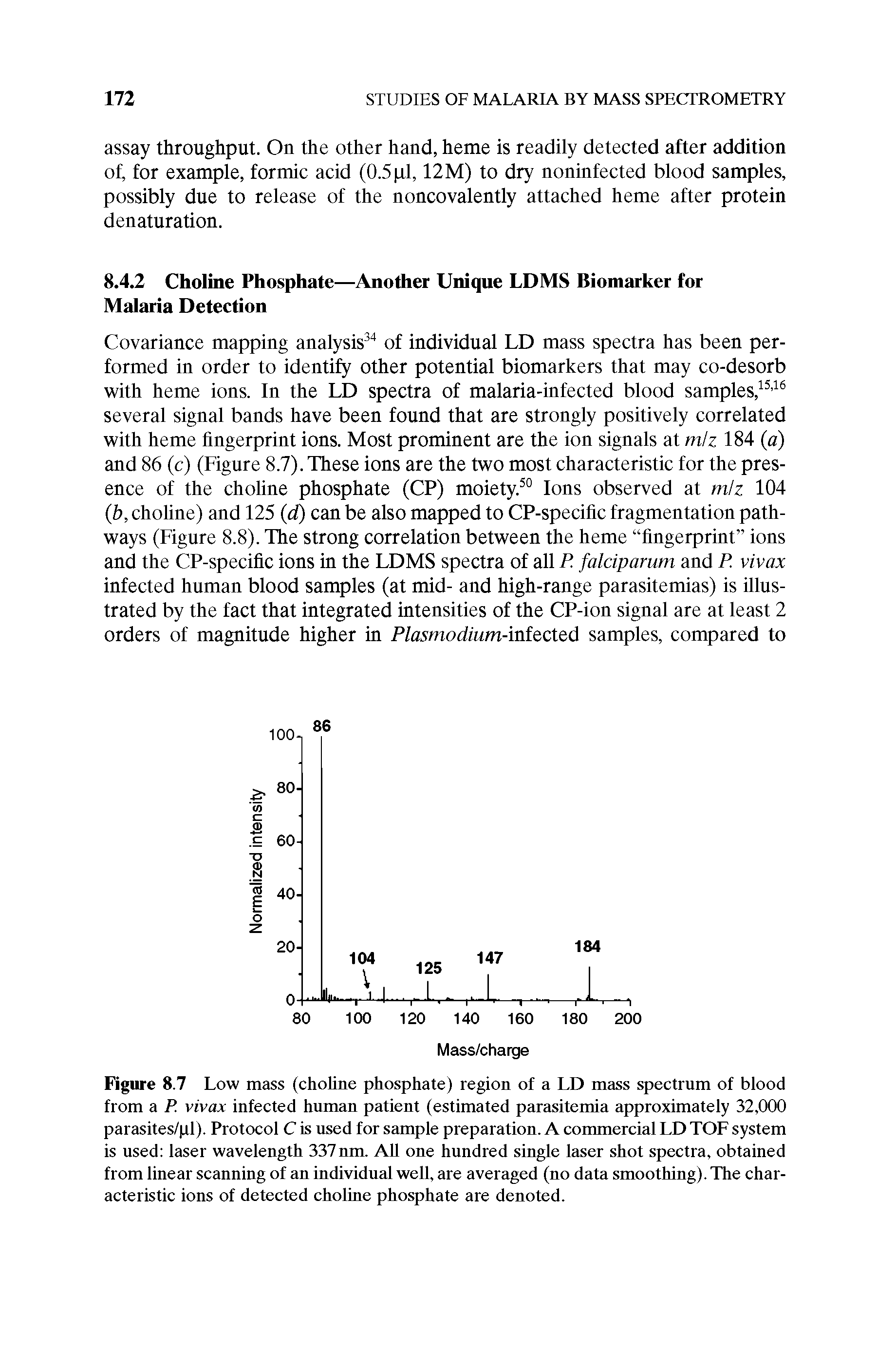 Figure 8.7 Low mass (choline phosphate) region of a LD mass spectrum of blood from a P. vivax infected human patient (estimated parasitemia approximately 32,000 parasites/pl). Protocol C is used for sample preparation. A commercial LD TOF system is used laser wavelength 337nm. All one hundred single laser shot spectra, obtained from linear scanning of an individual well, are averaged (no data smoothing). The characteristic ions of detected choline phosphate are denoted.