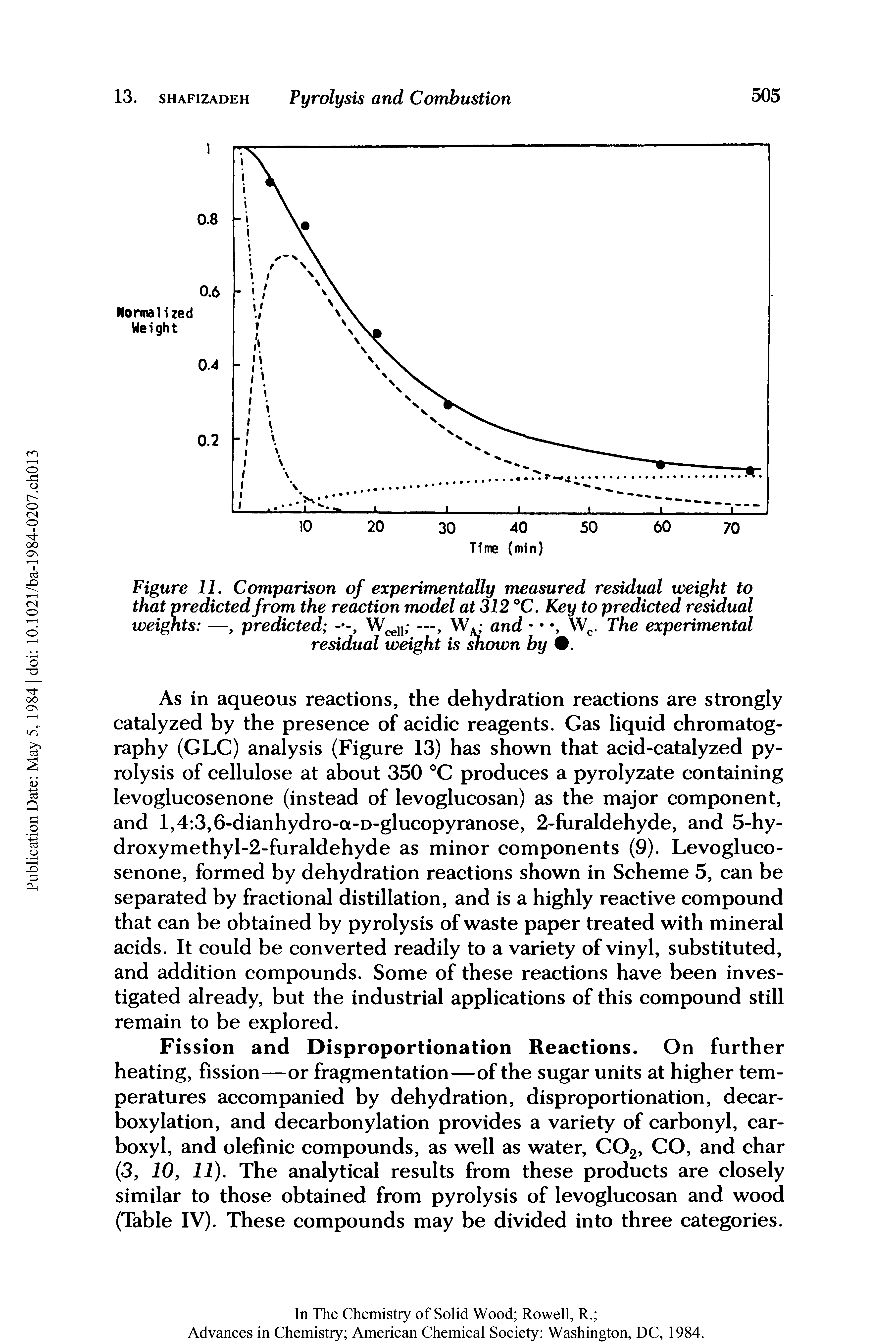Figure 11. Comparison of experimentally measured residual weight to that predicted from the reaction model at 312 °C. Key to predicted residual weights —, predicted —, W. and , The experimental...