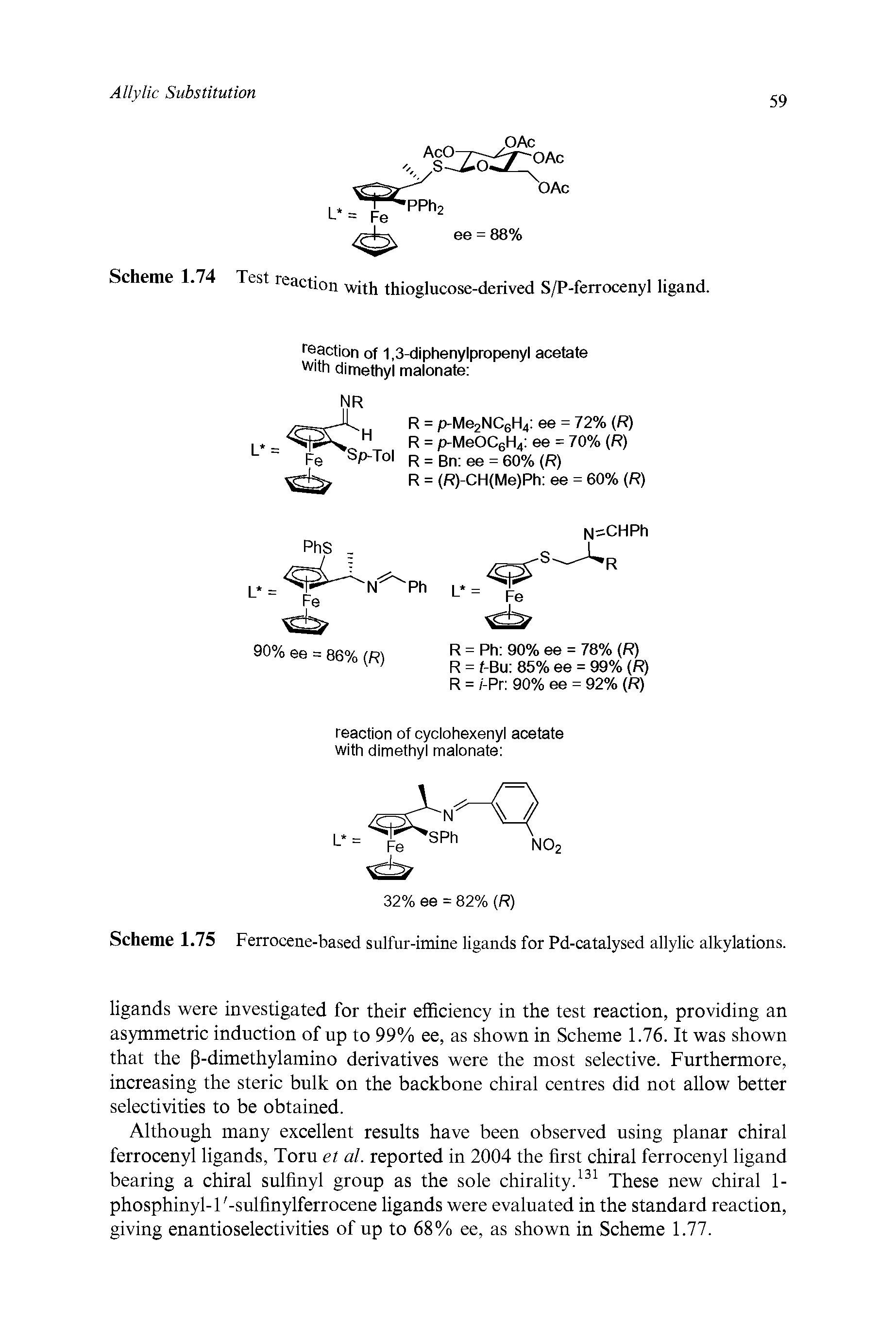 Scheme 1.75 Ferrocene-based sulfur-imine ligands for Pd-catalysed allylic alkylations.