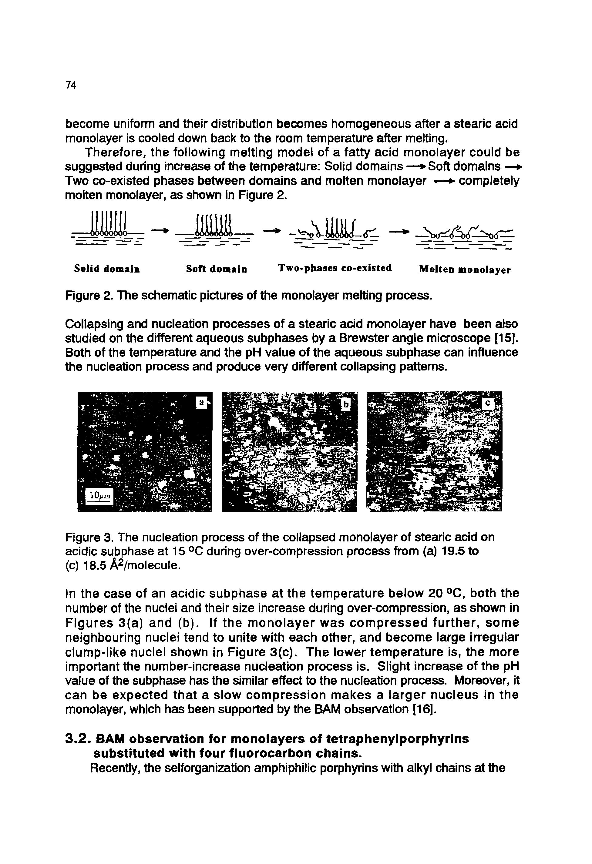 Figure 3. The nucleation process of the collapsed monolayer of stearic acid on acidic subphase at 15 °C during over-compression process from (a) 19.5 to (c) 18.5 A2/molecule.