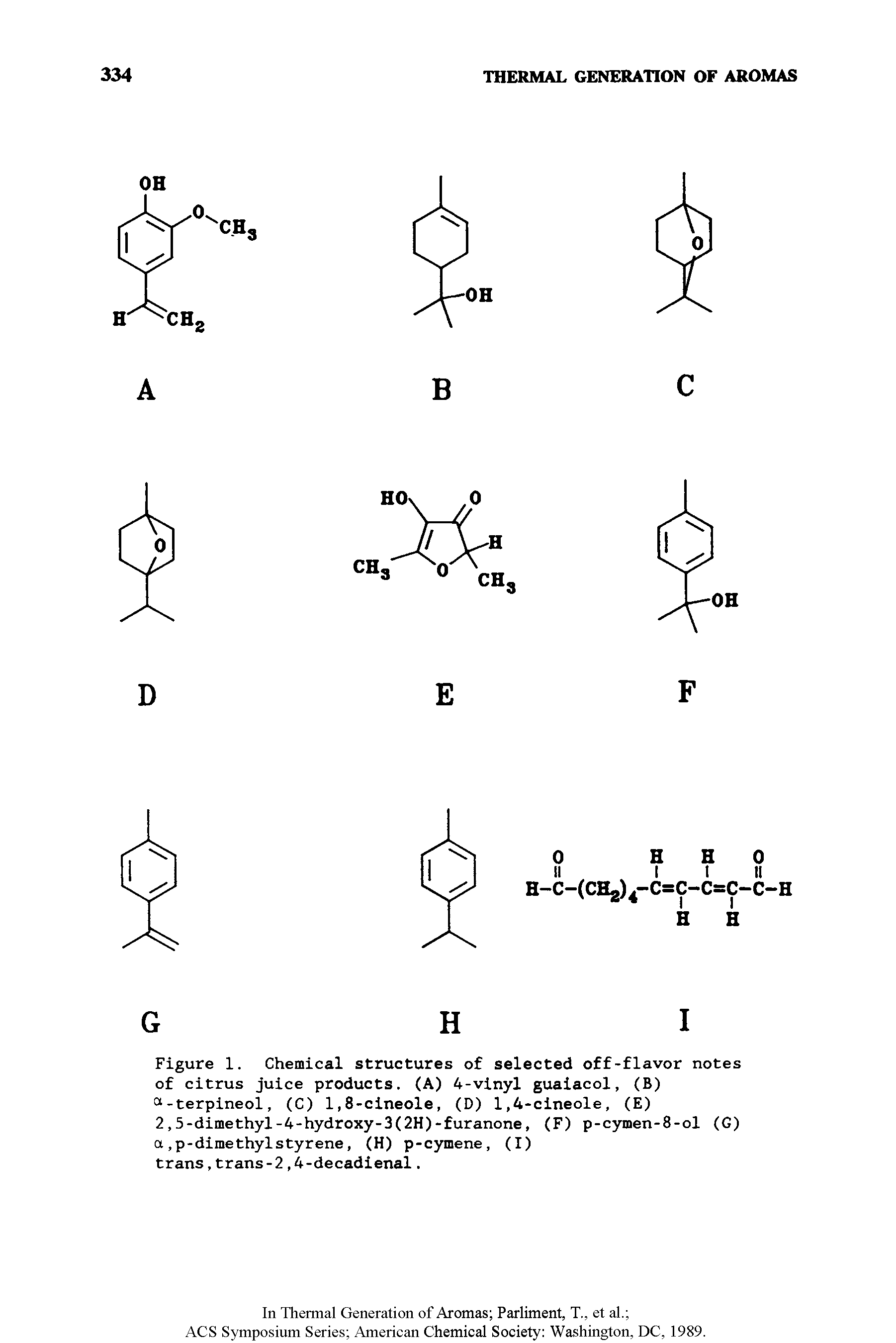 Figure 1. Chemical structures of selected off-flavor notes of citrus juice products. (A) 4-vinyl guaiacol, (B) a-terpineol, (C) 1,8-cineole, (D) 1,4-cineole, (E)...