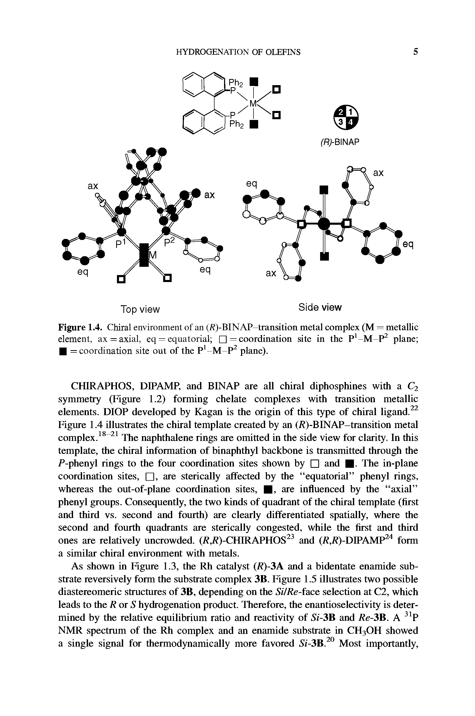 Figure 1.4. Chiral environment of an (i )-BINAP-transition metal complex (M = metallic element, ax = axial, eq = equatorial = coordination site in the plane ...