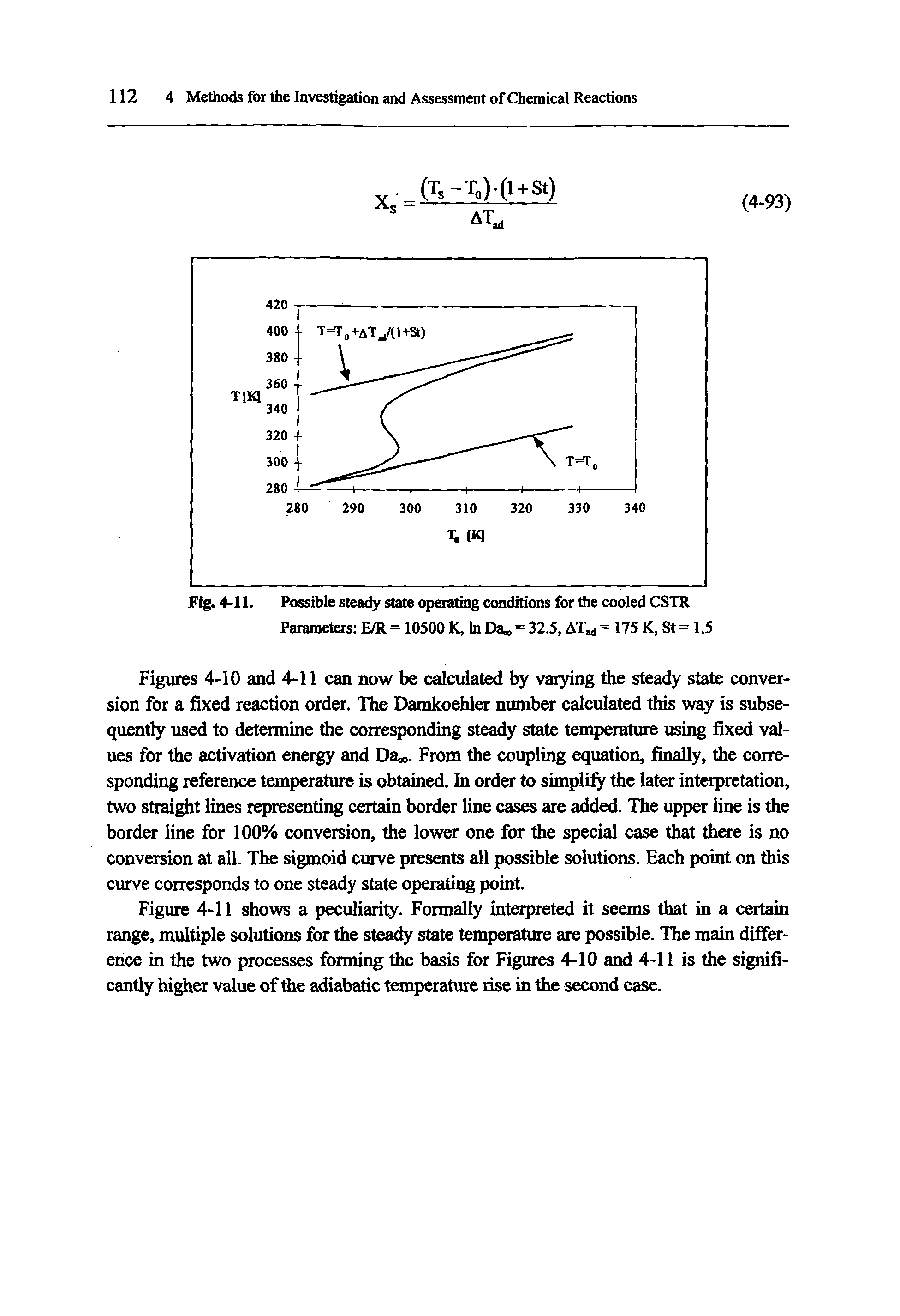 Figures 4-10 and 4-11 can now be calculated by varying the steady state conversion for a fixed reaction order. The Damkoehler number calculated this way is subsequently used to determine flie corresponding steady state temperature using fixed values for the activation energy and Daoo. From the coupling equation, finally, the corresponding reference temperature is obtained. In order to simplify the later interpretation, two straight lines representing certain border line cases are added. The upper line is the border line for 100% conversion, the lower one for the special case that there is no conversion at all. The sigmoid curve presents all possible solutions. Each point on this curve corresponds to one steady state operating point.