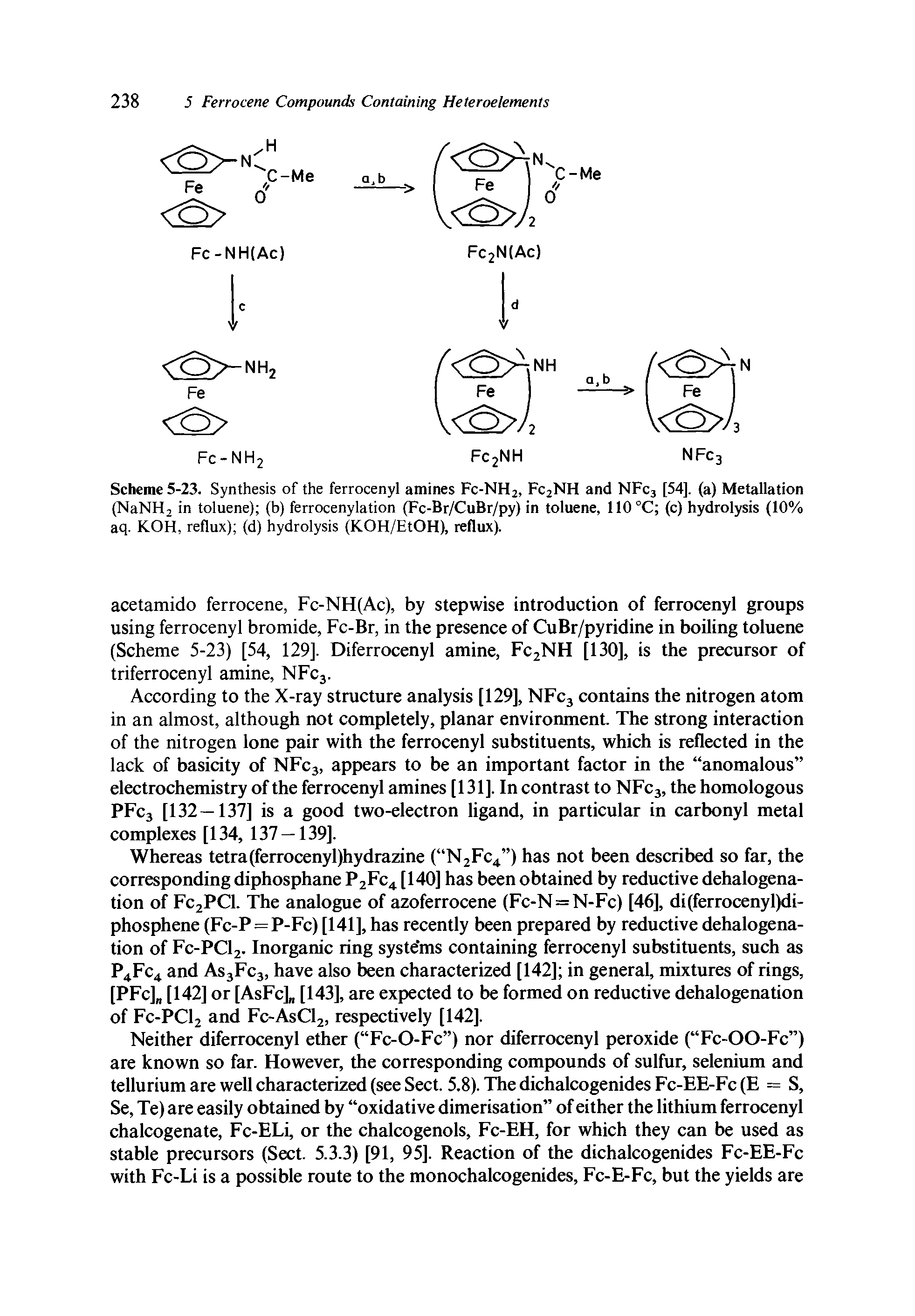 Scheme 5-23. Synthesis of the ferrocenyl amines Fc-NHa, FcaNH and NFcj [54], (a) Metallation (NaNH2 in toluene) (b) ferrocenylation (Fc-Br/CuBr/py) in toluene, 110°C (c) hydrolysis (10% aq. KOH, reflux) (d) hydrolysis (KOH/EtOH), reflux).