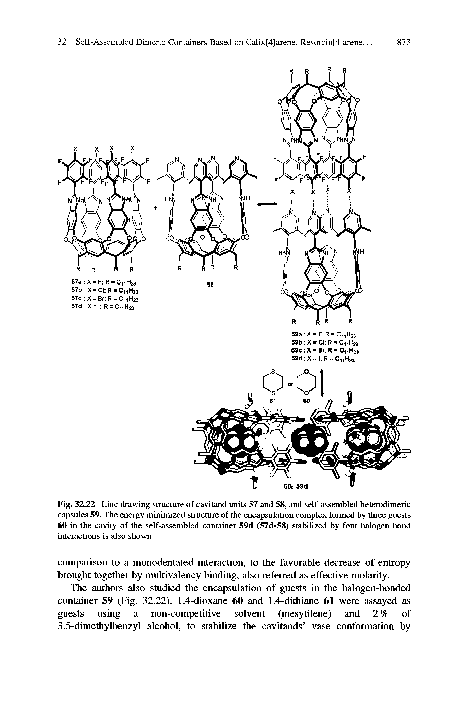 Fig. 32.22 Line drawing structure of cavitand units 57 and 58, and self-assembled heterodimeric capsules 59. The energy minimized structure of the encapsulation complex formed by three guests 60 in the cavity of the self-assembled container 59d (57d 58) stabilized by four halogen bond interactions is also shown...