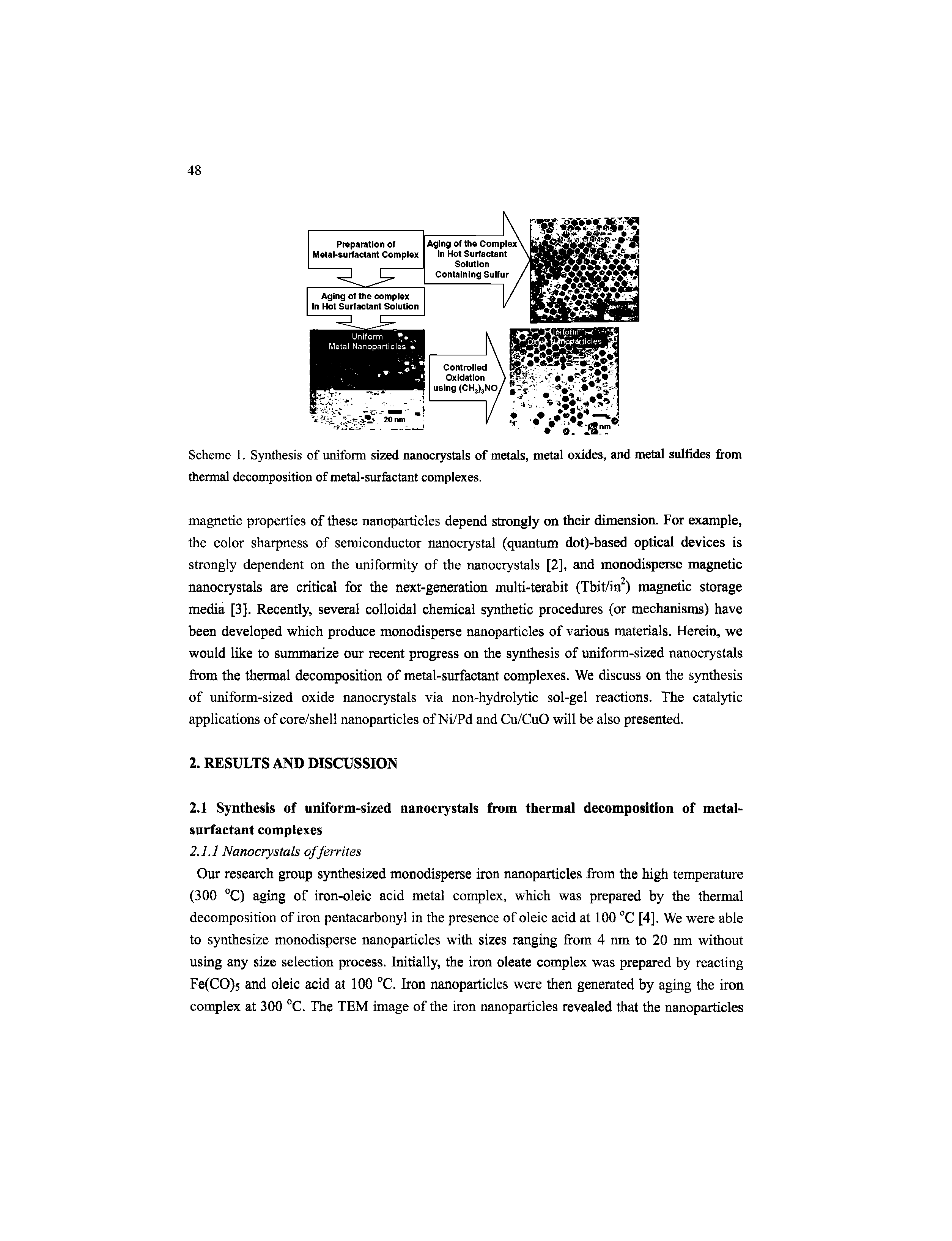 Scheme 1. Synthesis of uniform sized nanociystals of metals, metal oxides, and metal sulfides firom thermal decomposition of metal-surfactant complexes.