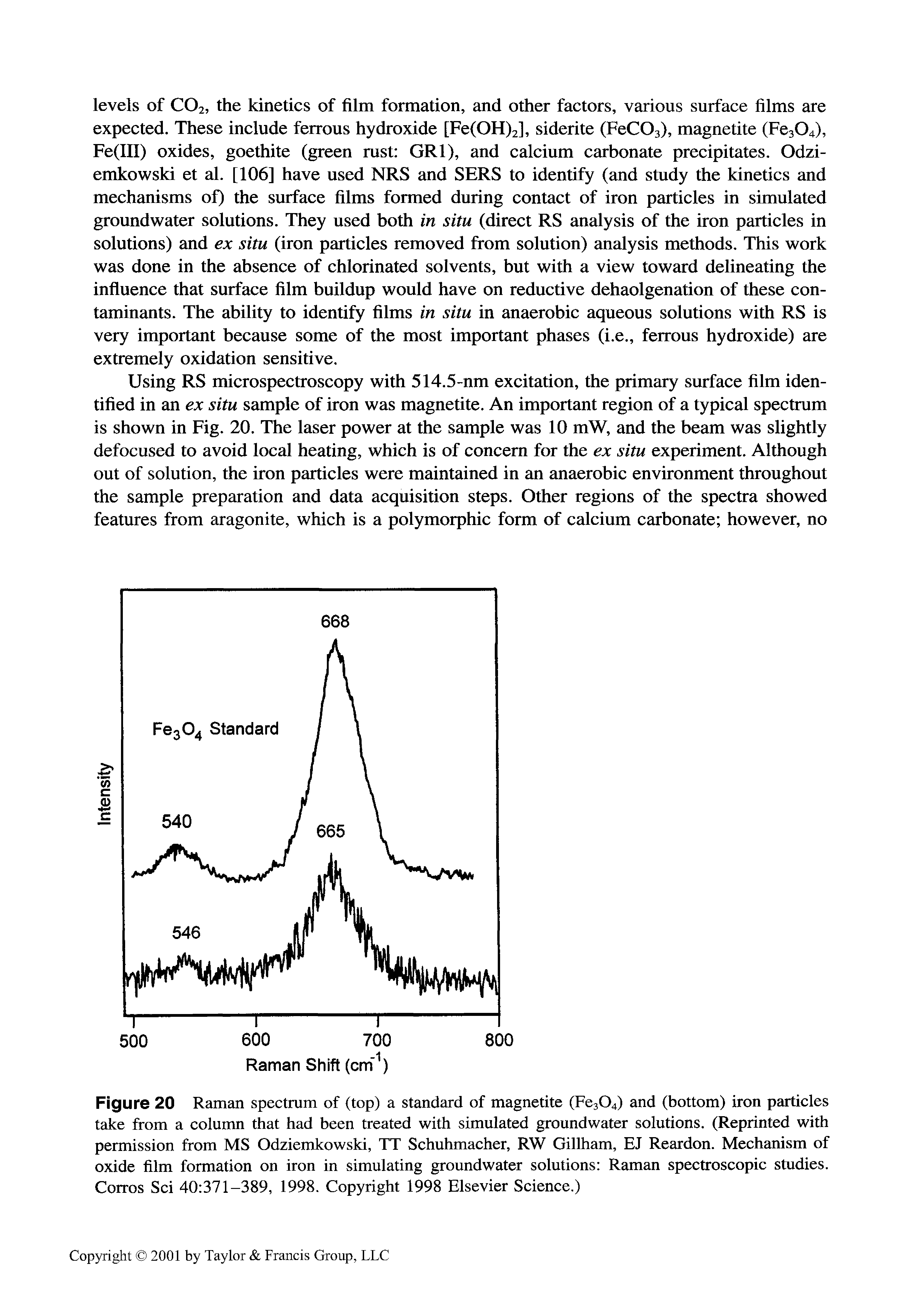Figure 20 Raman spectrum of (top) a standard of magnetite (Fc304) and (bottom) iron particles take from a column that had been treated with simulated groundwater solutions. (Reprinted with permission from MS Odziemkowski, TT Schuhmacher, RW Gillham, EJ Reardon. Mechanism of oxide film formation on iron in simulating groundwater solutions Raman spectroscopic studies. Corros Sci 40 371-389, 1998. Copyright 1998 Elsevier Science.)...